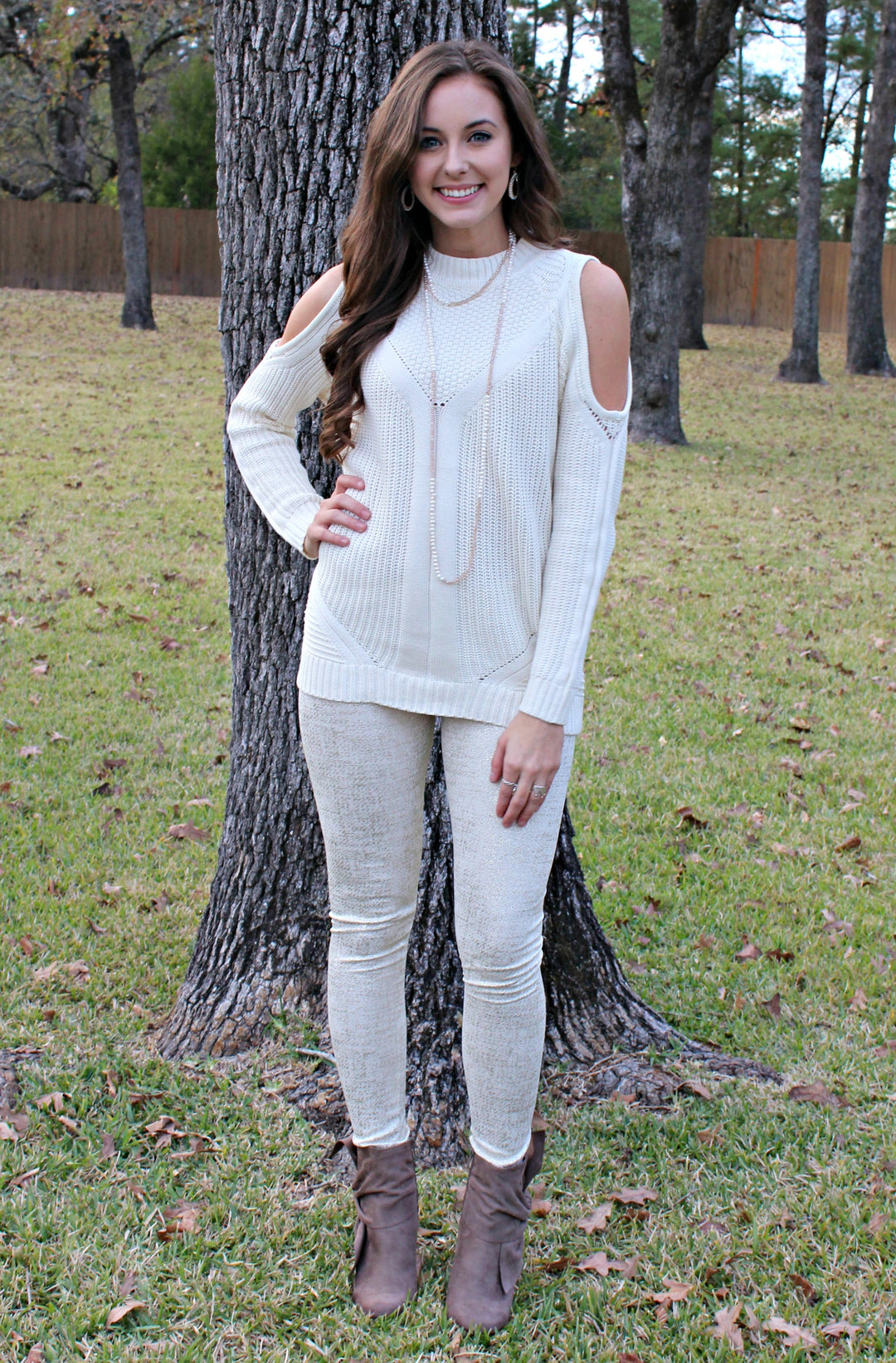 Star Struck Gold Foil Leggings in Ivory - Giddy Up Glamour Boutique