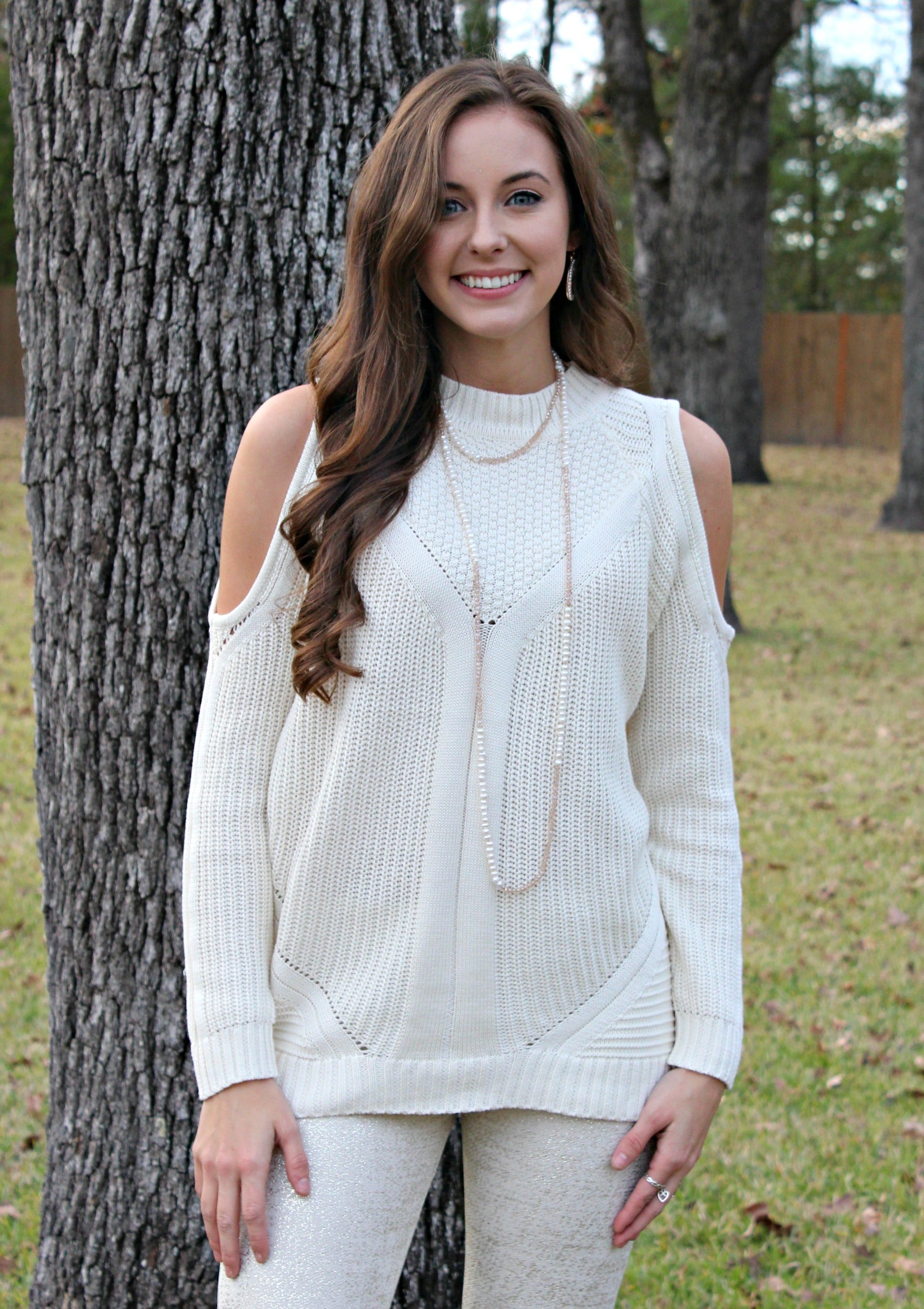 Last Chance Size Medium | Favorite Time Cold Shoulder Cable Knit Sweater in Ivory - Giddy Up Glamour Boutique