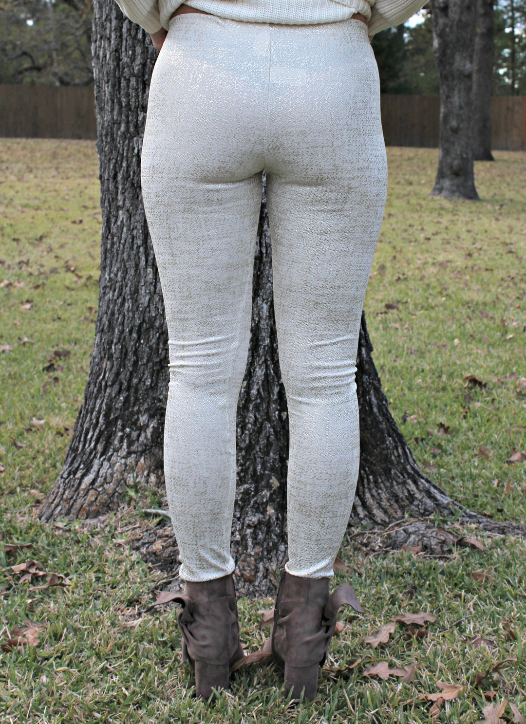 Star Struck Gold Foil Leggings in Ivory - Giddy Up Glamour Boutique