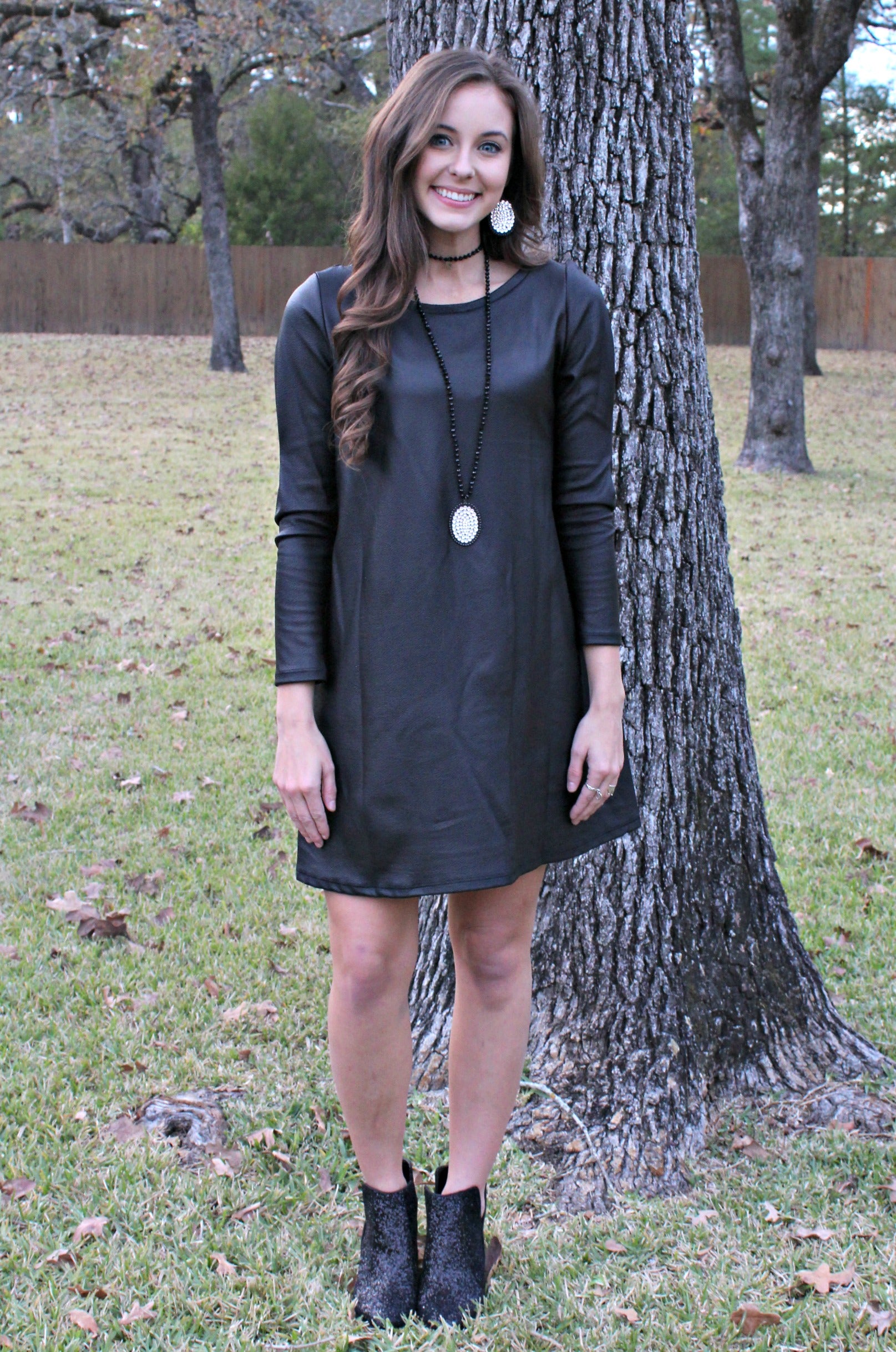 Stop and Stare Textured Faux Leather Long Sleeve Dress in Black - Giddy Up Glamour Boutique
