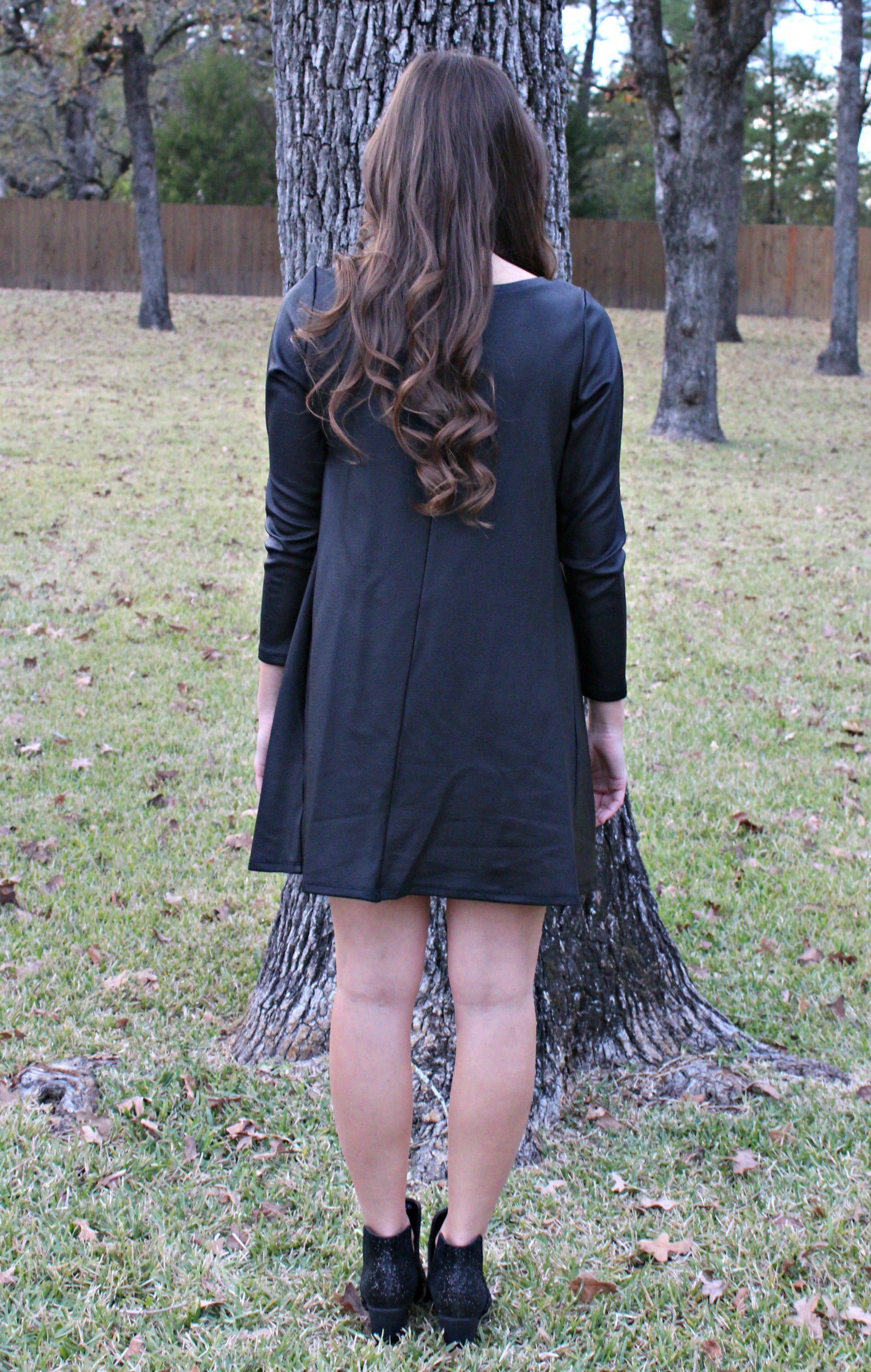 Stop and Stare Textured Faux Leather Long Sleeve Dress in Black - Giddy Up Glamour Boutique