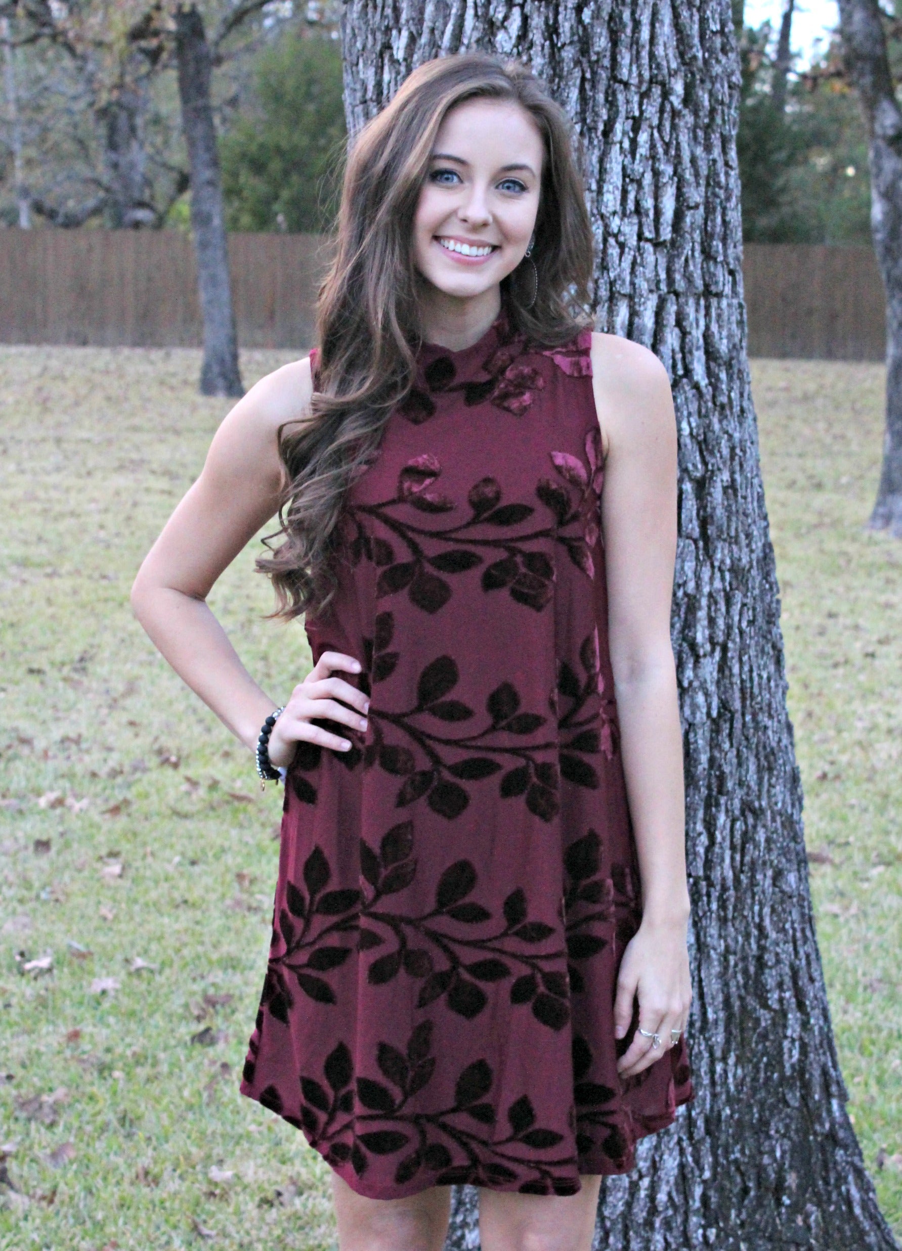 Gorgeous Gal Floral Velvet Embossed Dress in Maroon - Giddy Up Glamour Boutique