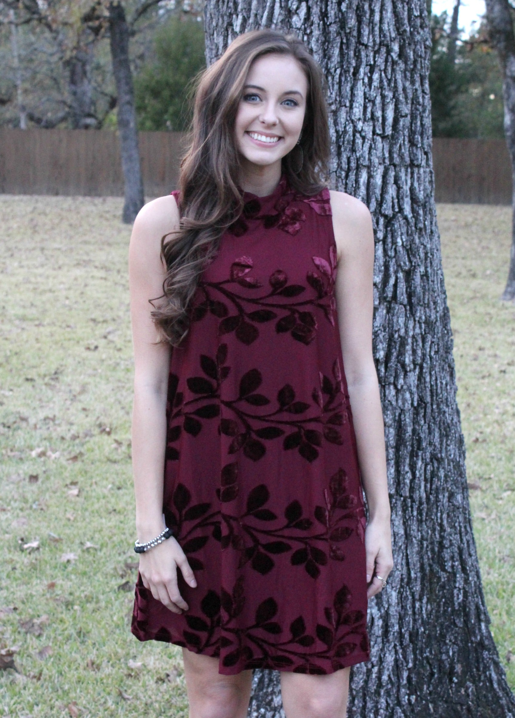 Gorgeous Gal Floral Velvet Embossed Dress in Maroon - Giddy Up Glamour Boutique
