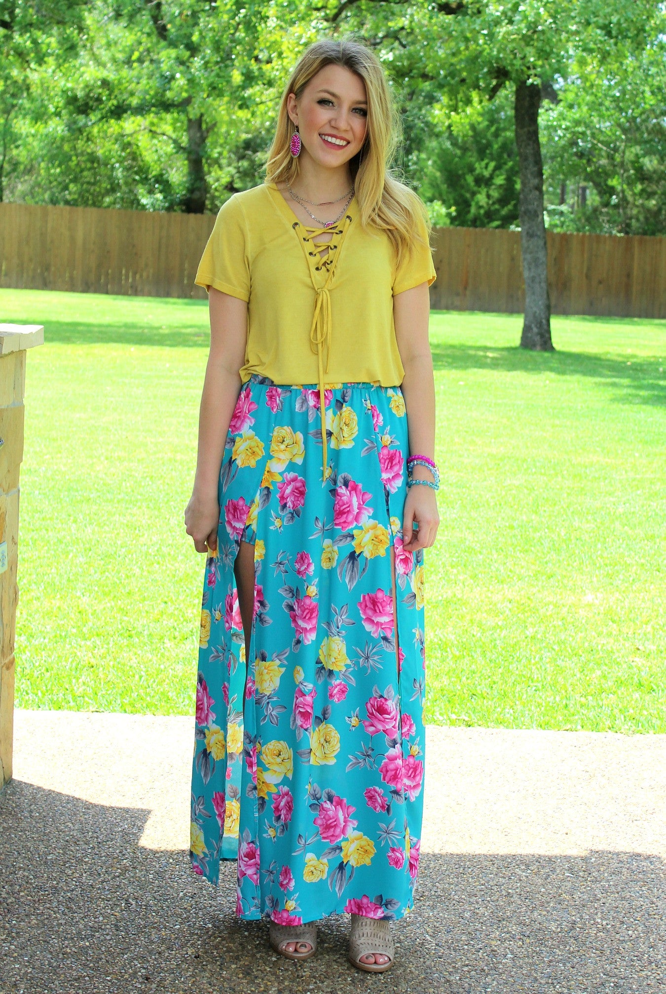 Last Chance Size Small | Floral Fever Turquoise Maxi Skirt - Giddy Up Glamour Boutique