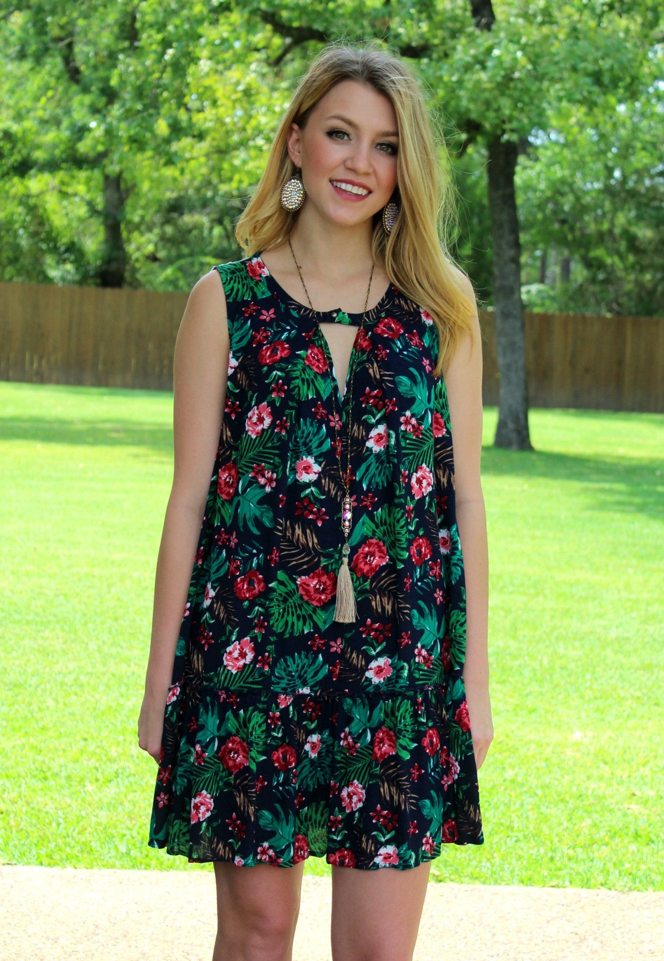 Last Chance Size Small | Whisk Me Away Tropical Floral Trapeze Dress - Giddy Up Glamour Boutique
