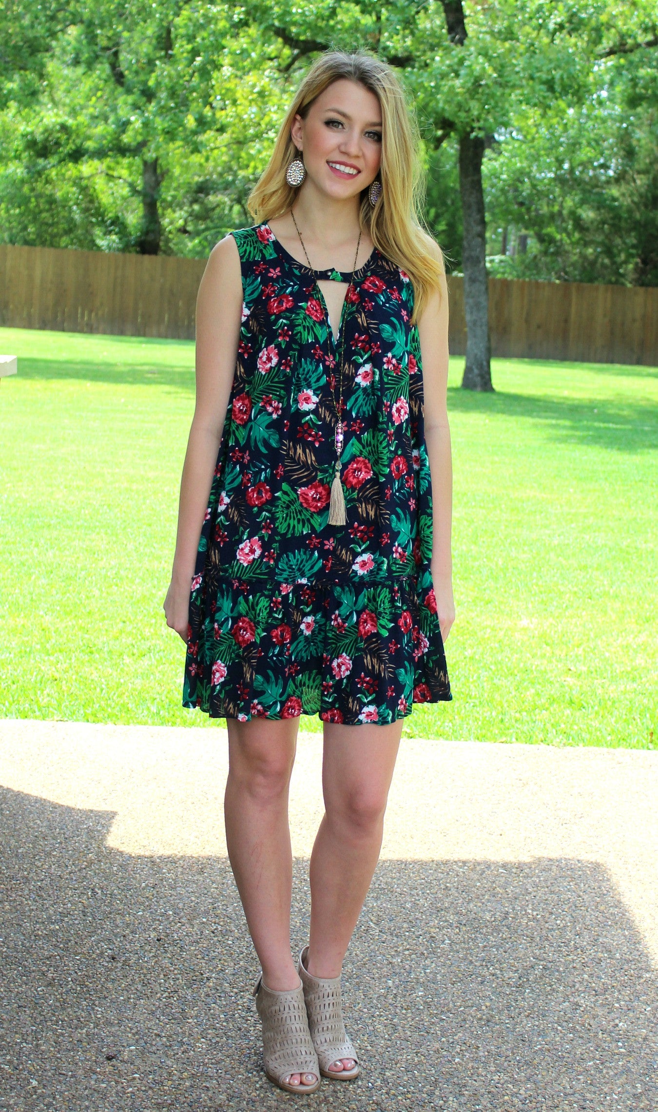 Last Chance Size Small | Whisk Me Away Tropical Floral Trapeze Dress - Giddy Up Glamour Boutique