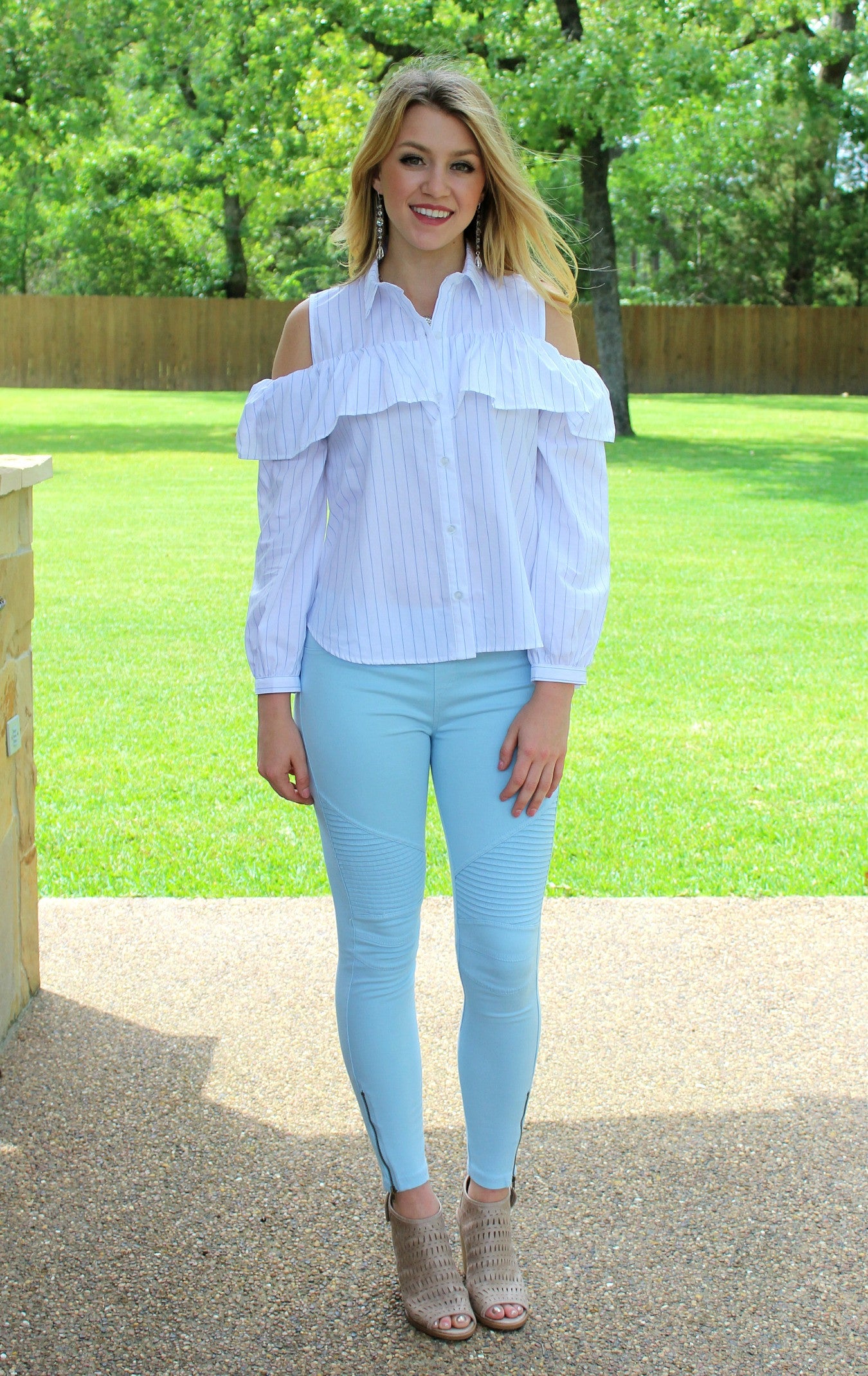 Chic Chick Stripe Open Shoulder Ruffle Top in White - Giddy Up Glamour Boutique