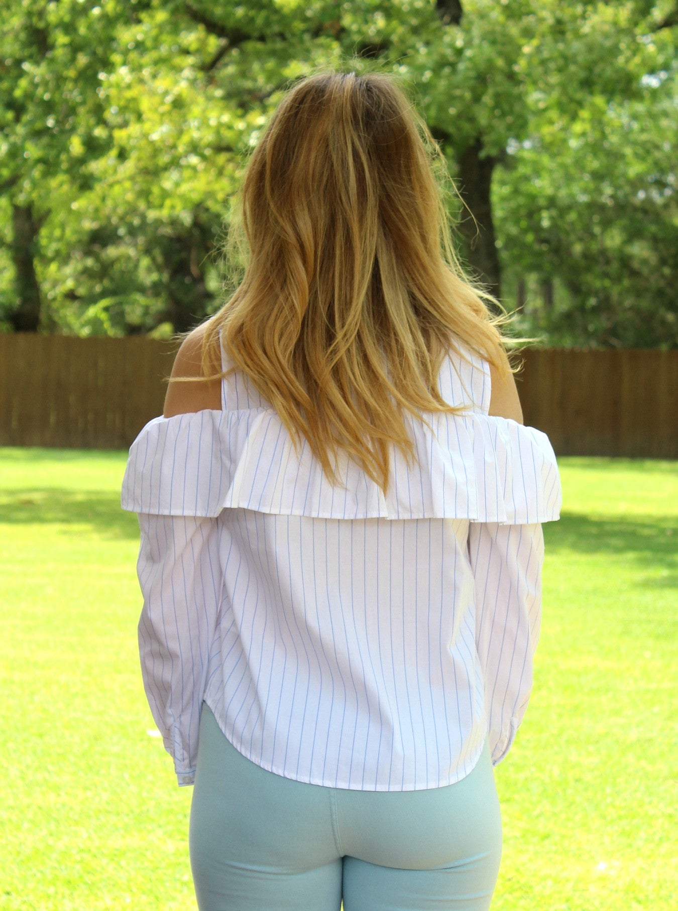 Chic Chick Stripe Open Shoulder Ruffle Top in White - Giddy Up Glamour Boutique