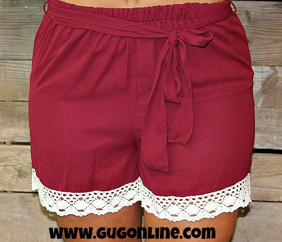 Last Chance Size Small | Keep It Trendy Maroon Shorts with White Lace Trim - Giddy Up Glamour Boutique