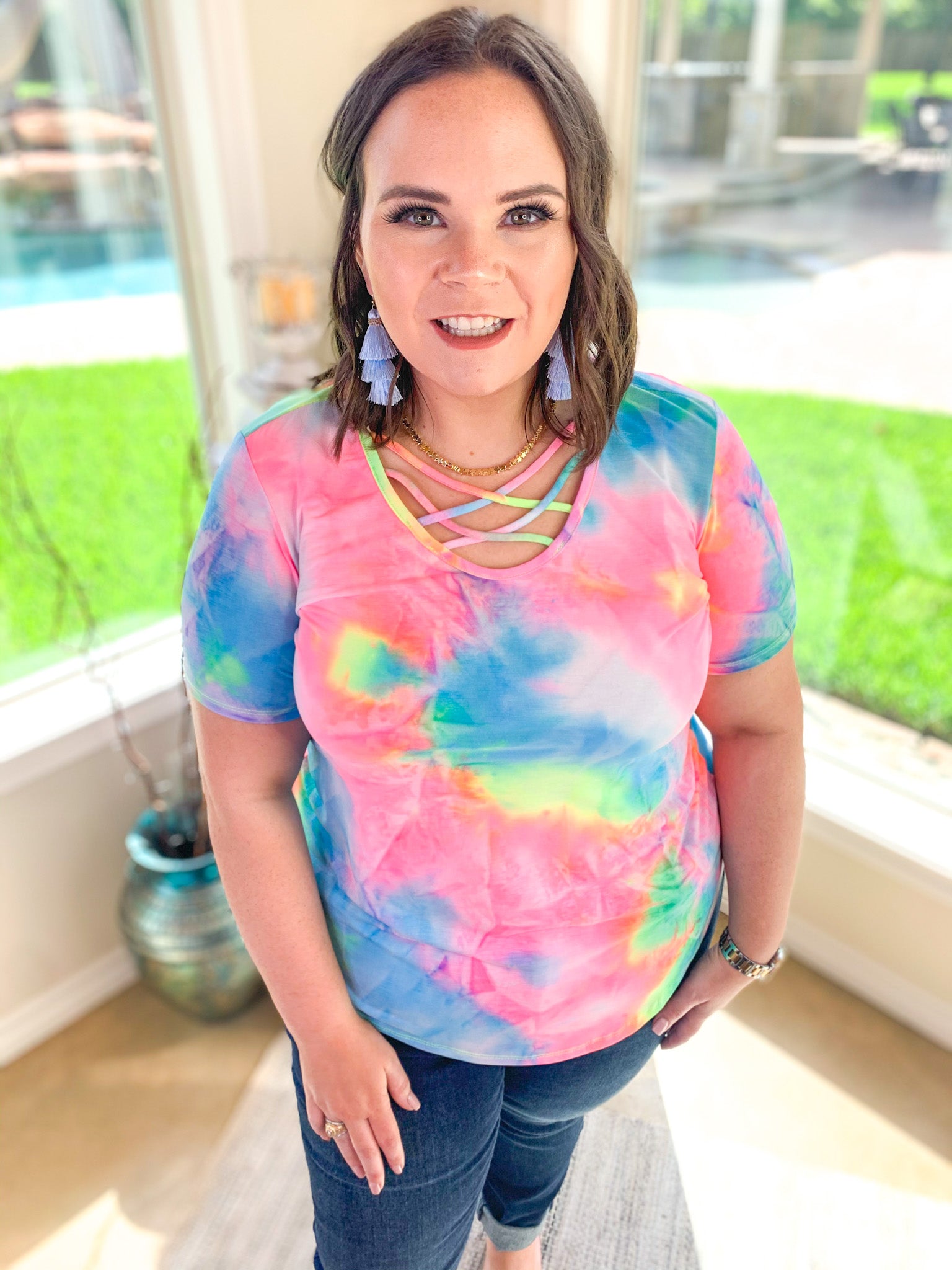 Last Chance Size Small & 3XL | Over the Rainbow Short Sleeve Tie Dye Top with Criss Cross Neck in Yellow, Pink, and Blue - Giddy Up Glamour Boutique