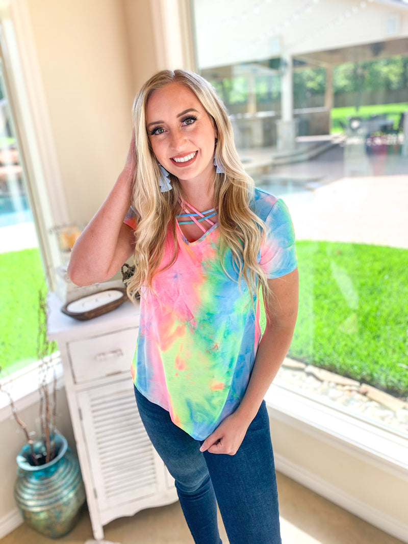 Last Chance Size Small & 3XL | Over the Rainbow Short Sleeve Tie Dye Top with Criss Cross Neck in Yellow, Pink, and Blue