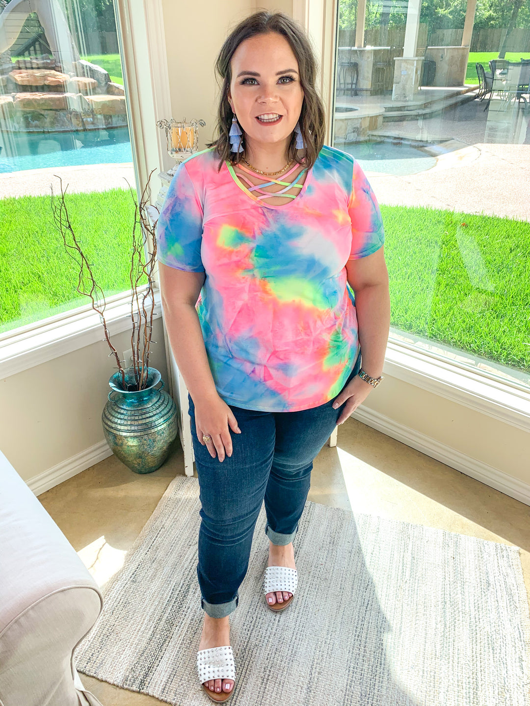 Last Chance Size Small & 3XL | Over the Rainbow Short Sleeve Tie Dye Top with Criss Cross Neck in Yellow, Pink, and Blue - Giddy Up Glamour Boutique