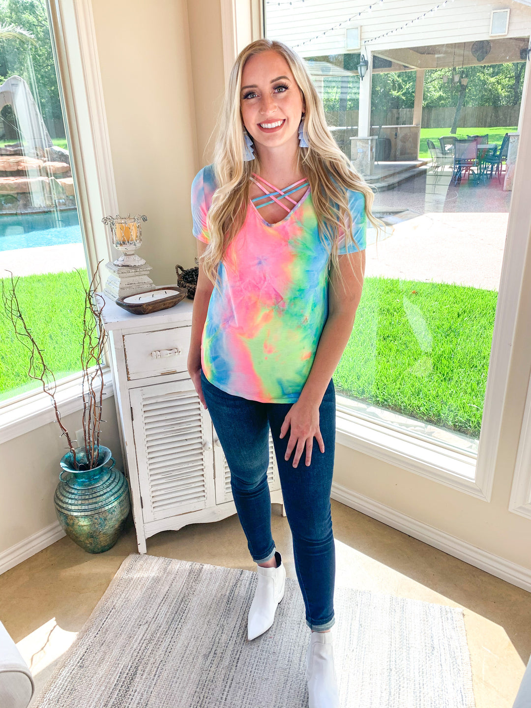 Last Chance Size Small & 3XL | Over the Rainbow Short Sleeve Tie Dye Top with Criss Cross Neck in Yellow, Pink, and Blue - Giddy Up Glamour Boutique
