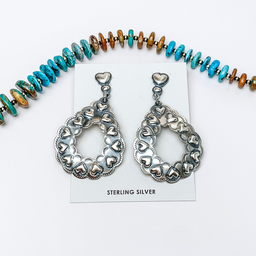Tim Yazzie | Navajo Handmade Genuine Sterling Silver Post Back Teardrop Earrings with Hearts - Giddy Up Glamour Boutique