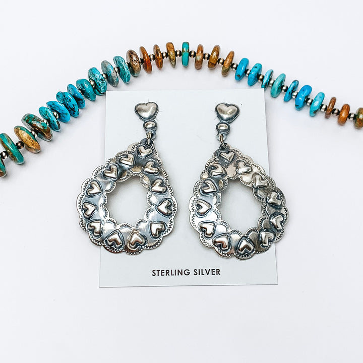 Tim Yazzie | Navajo Handmade Genuine Sterling Silver Post Back Teardrop Earrings with Hearts - Giddy Up Glamour Boutique