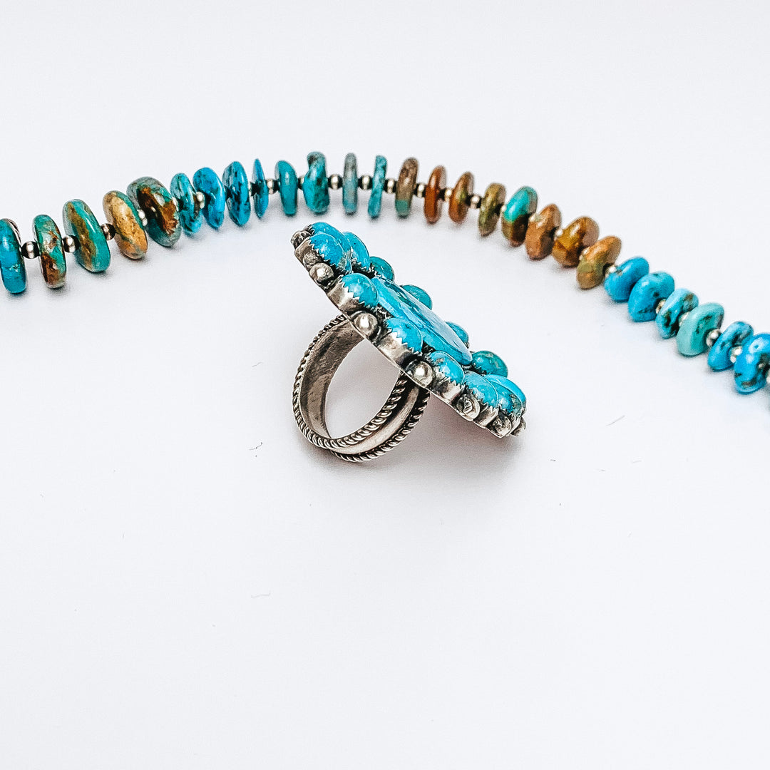 Daniel Benally | Navajo Handmade Large Adjustable Sterling Silver Cluster Ring with Kingman Turquoise Stones - Giddy Up Glamour Boutique