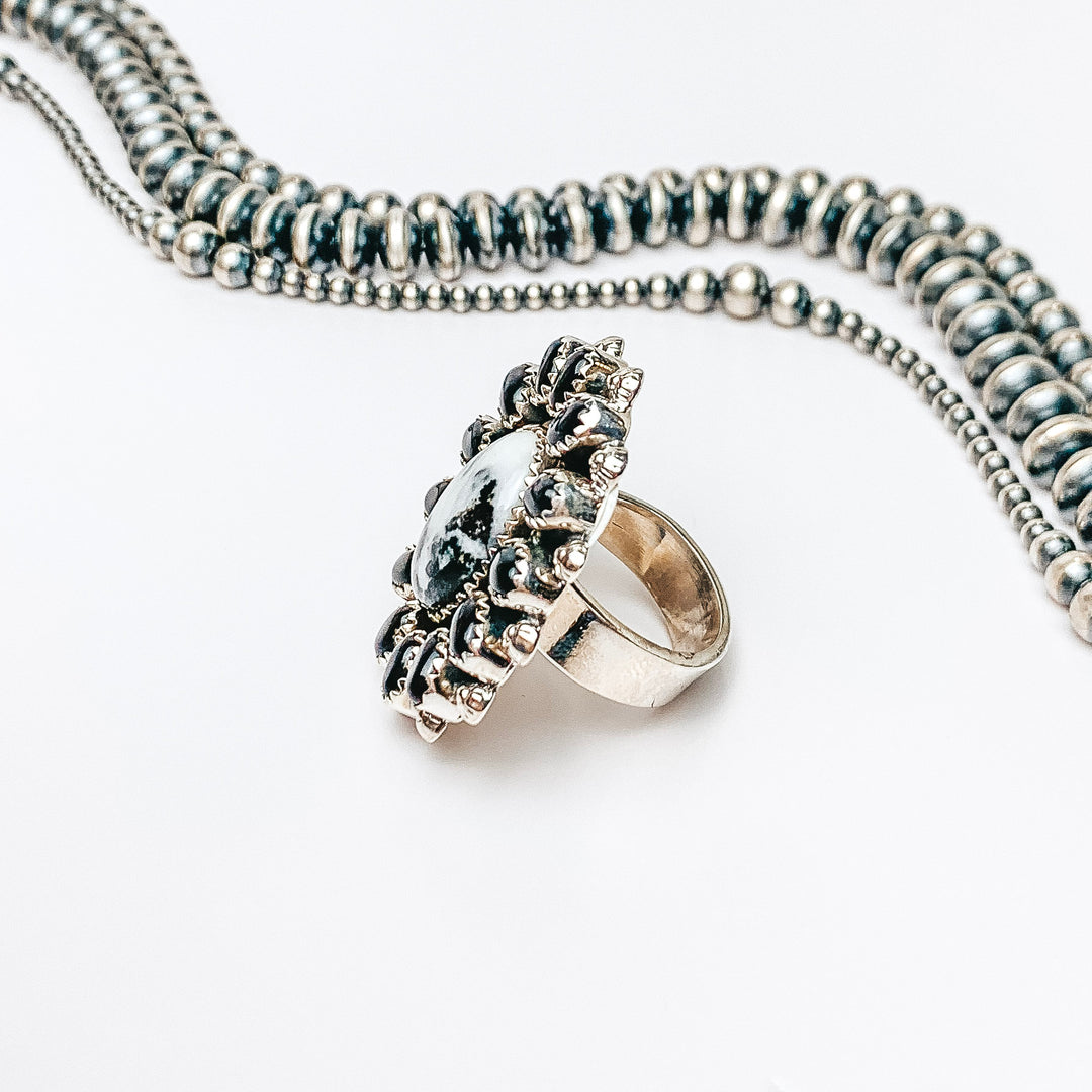 HaDa Collection | Adjustable Sterling Silver Cluster Ring with White Buffalo Center and Black Onyx Accent Stones - Giddy Up Glamour Boutique