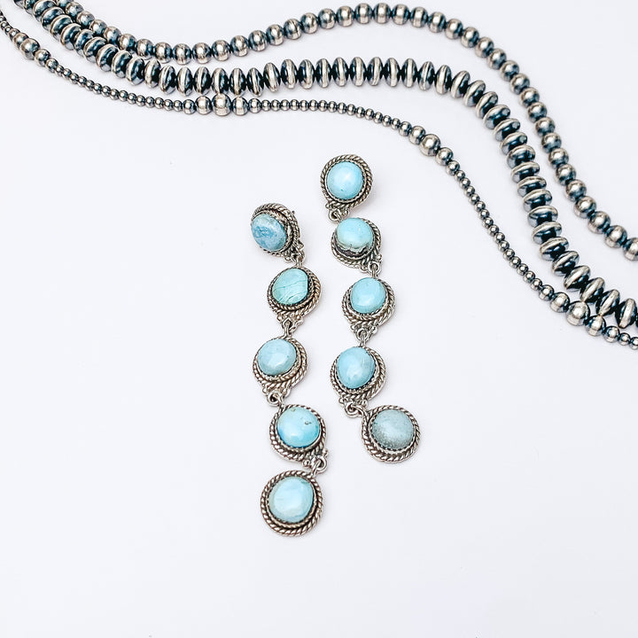 Tim Vandever | Navajo Handmade Sterling Silver Circle Drop Earrings with Five Golden Hills Turquoise Stones - Giddy Up Glamour Boutique