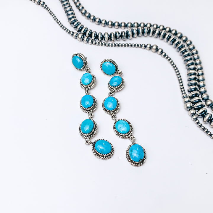 Tim Vandever | Navajo Handmade Sterling Silver Circle Drop Earrings with Five Golden Hills Turquoise Stones - Giddy Up Glamour Boutique