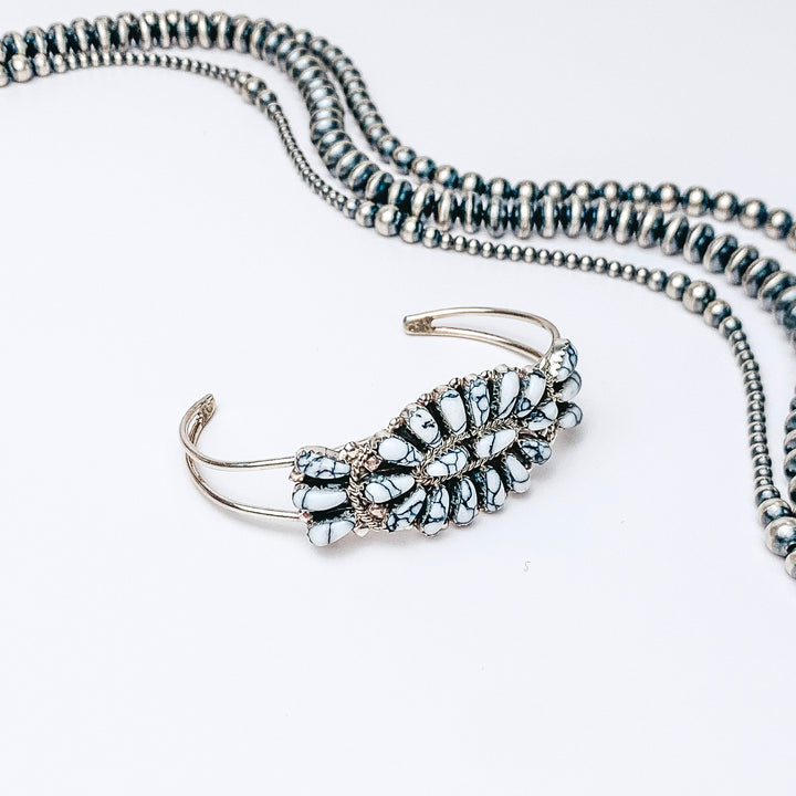 Rose Williams | Navajo Handmade Sterling Silver and White Buffalo Turquoise Cluster Cuff Bracelet - Giddy Up Glamour Boutique