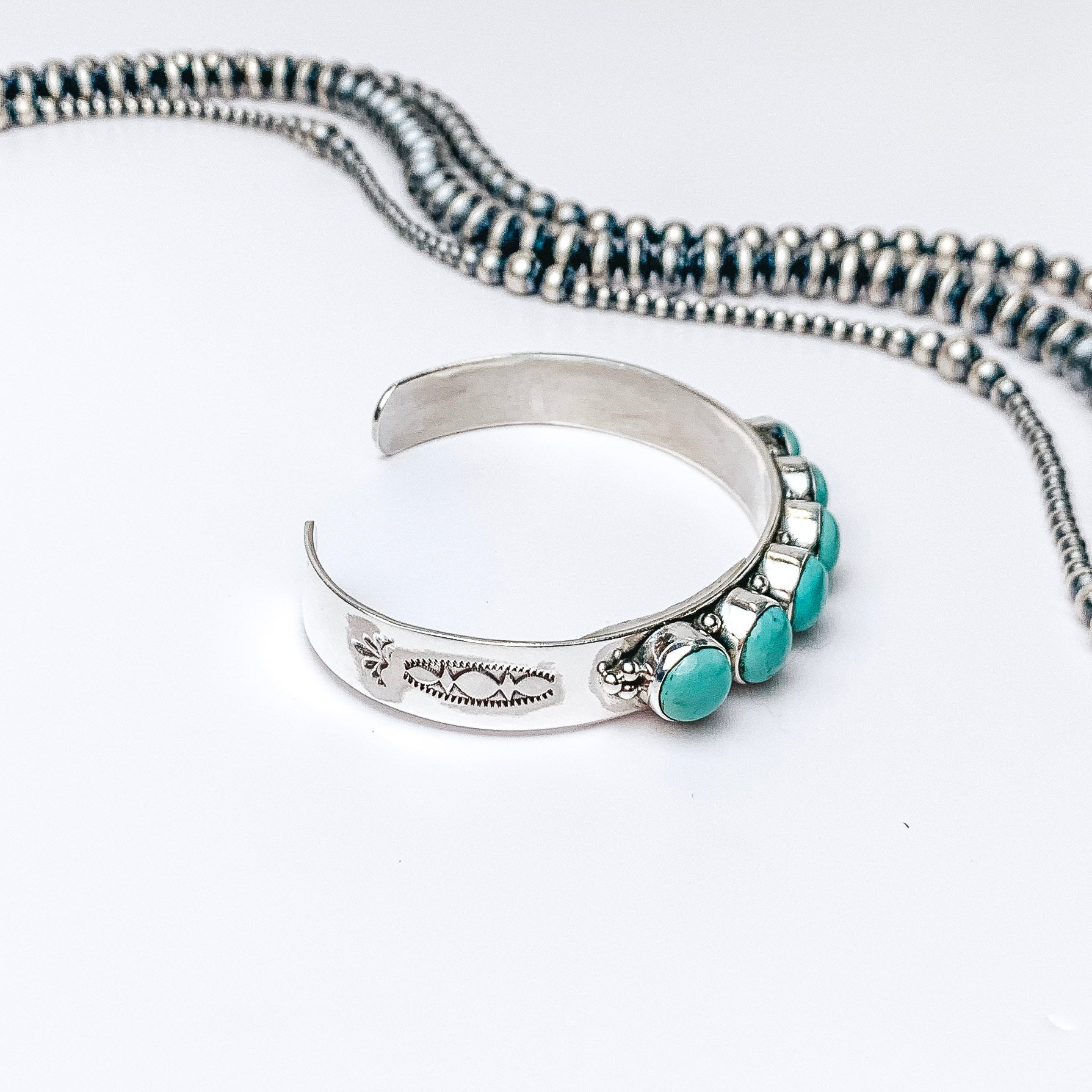 HaDa Collection | Detailed Sterling Silver Cuff with Six Green Kingman Turquoise Stones - Giddy Up Glamour Boutique
