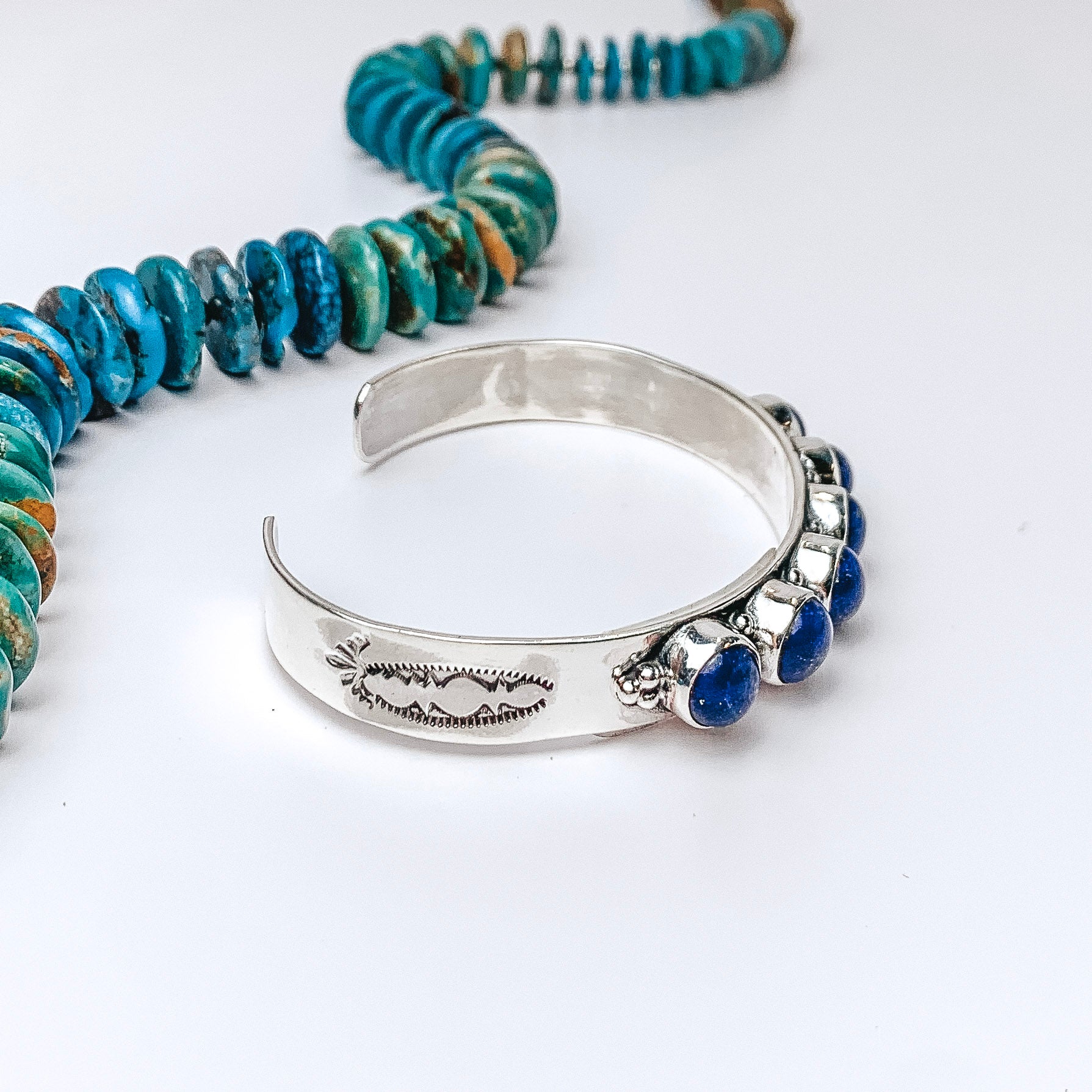 HaDa Collection | Detailed Sterling Silver Cuff with Six Dark Lapis Turquoise Stones - Giddy Up Glamour Boutique