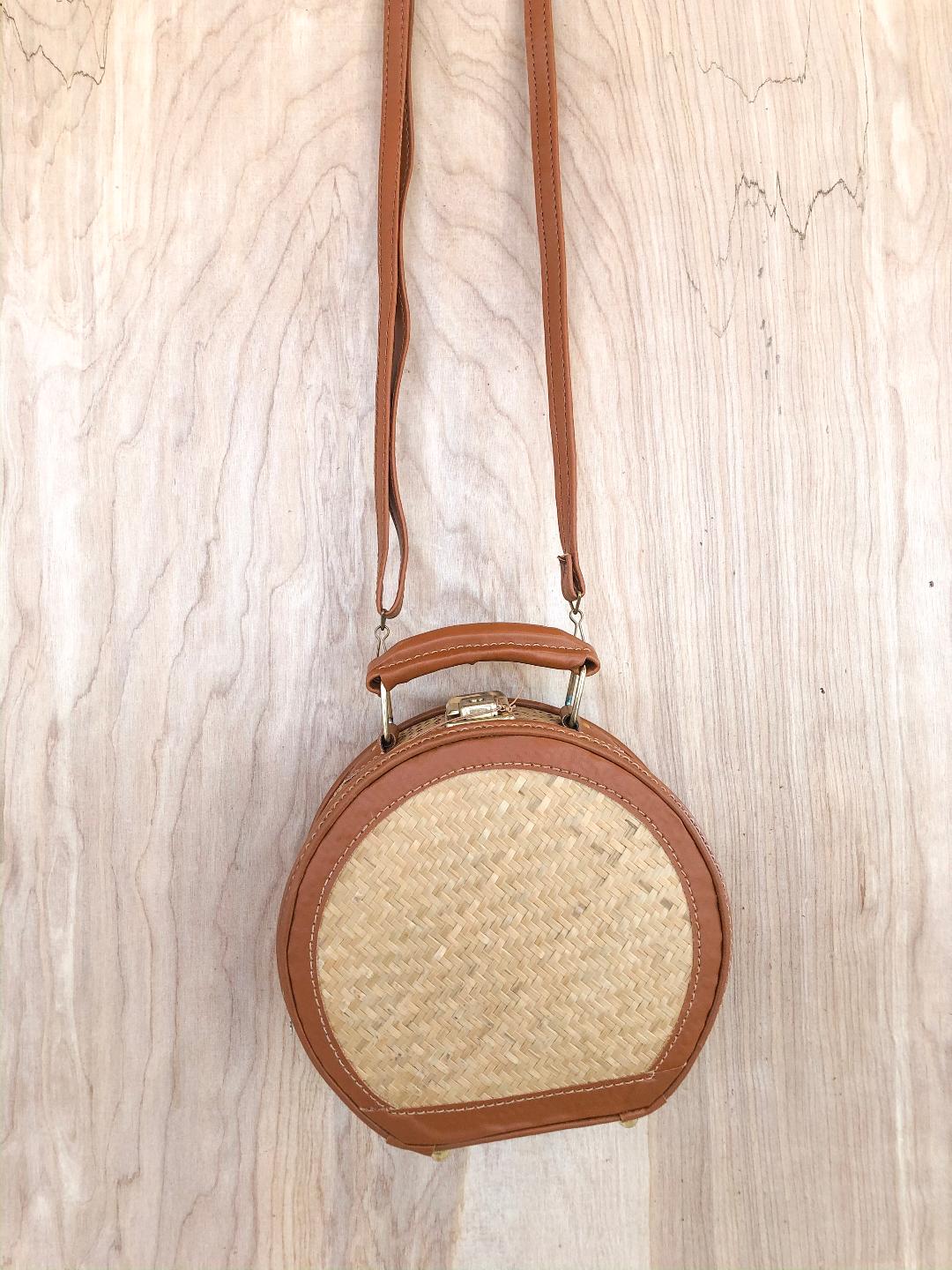 Resort Classic Small Round Wicker and Cognac Bag - Giddy Up Glamour Boutique