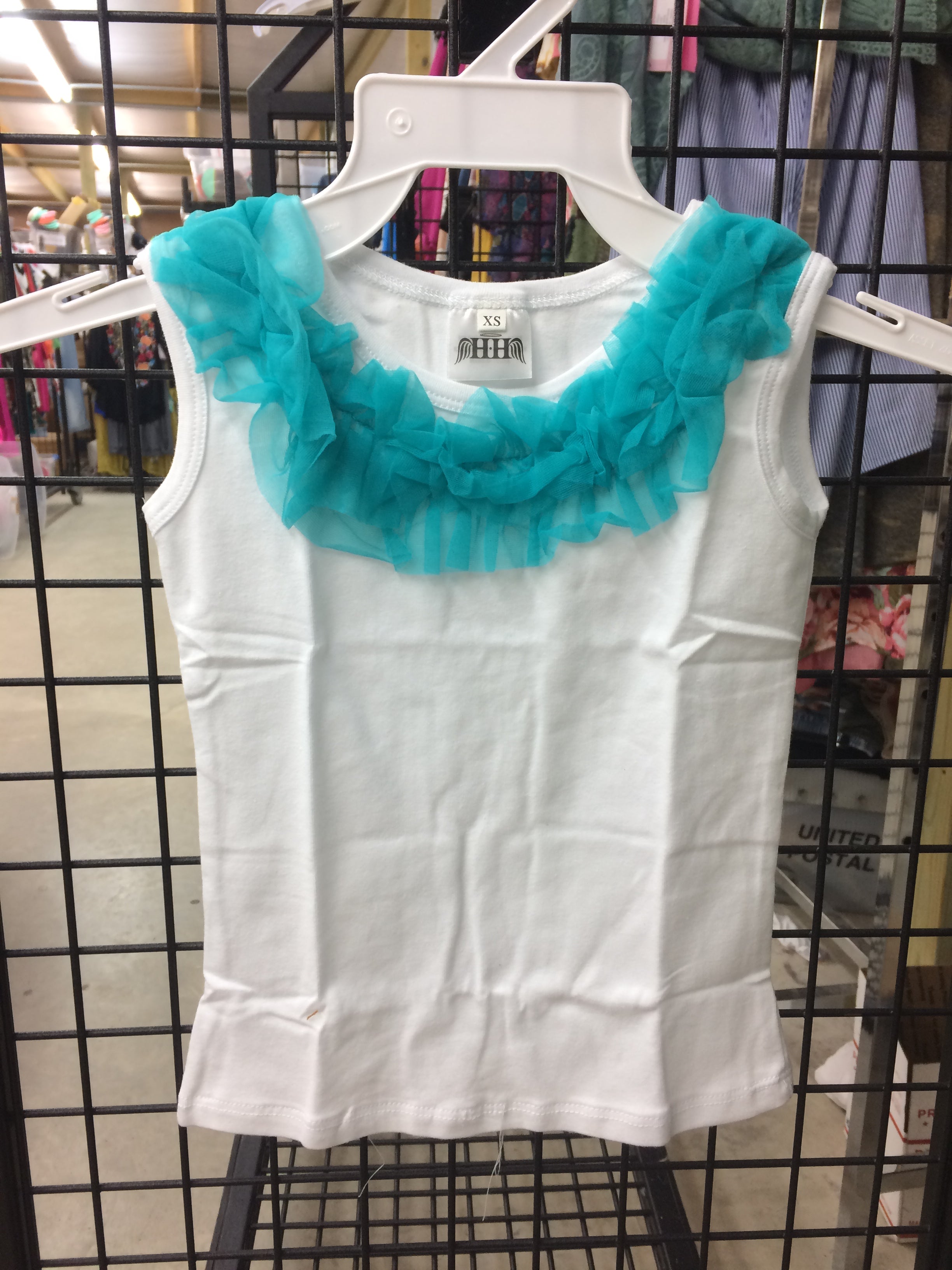 White Tank with Turquoise Ruffles - Giddy Up Glamour Boutique