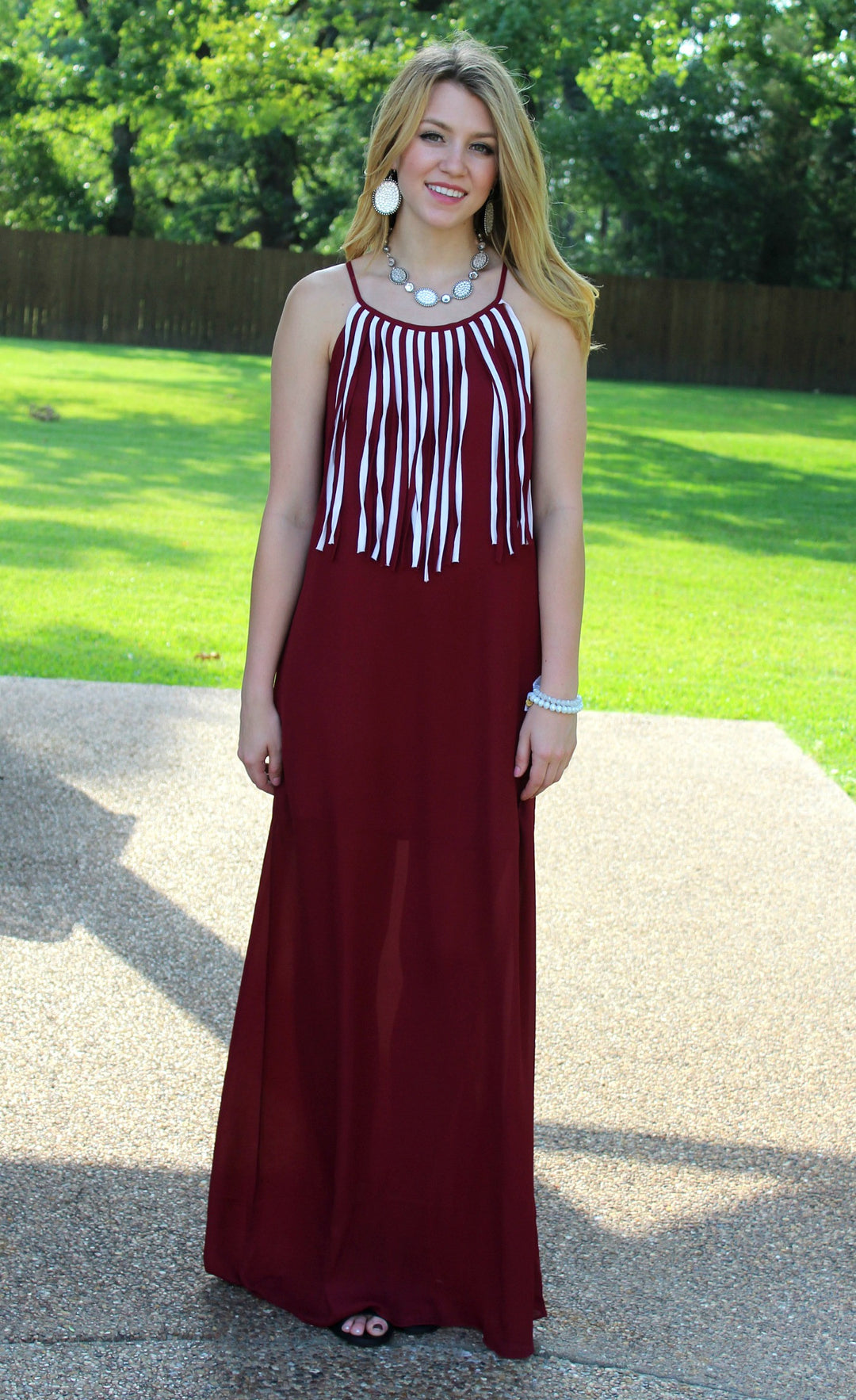 Last Chance Size Small | I'm So Fringy Maxi Dress in Maroon & White - Giddy Up Glamour Boutique