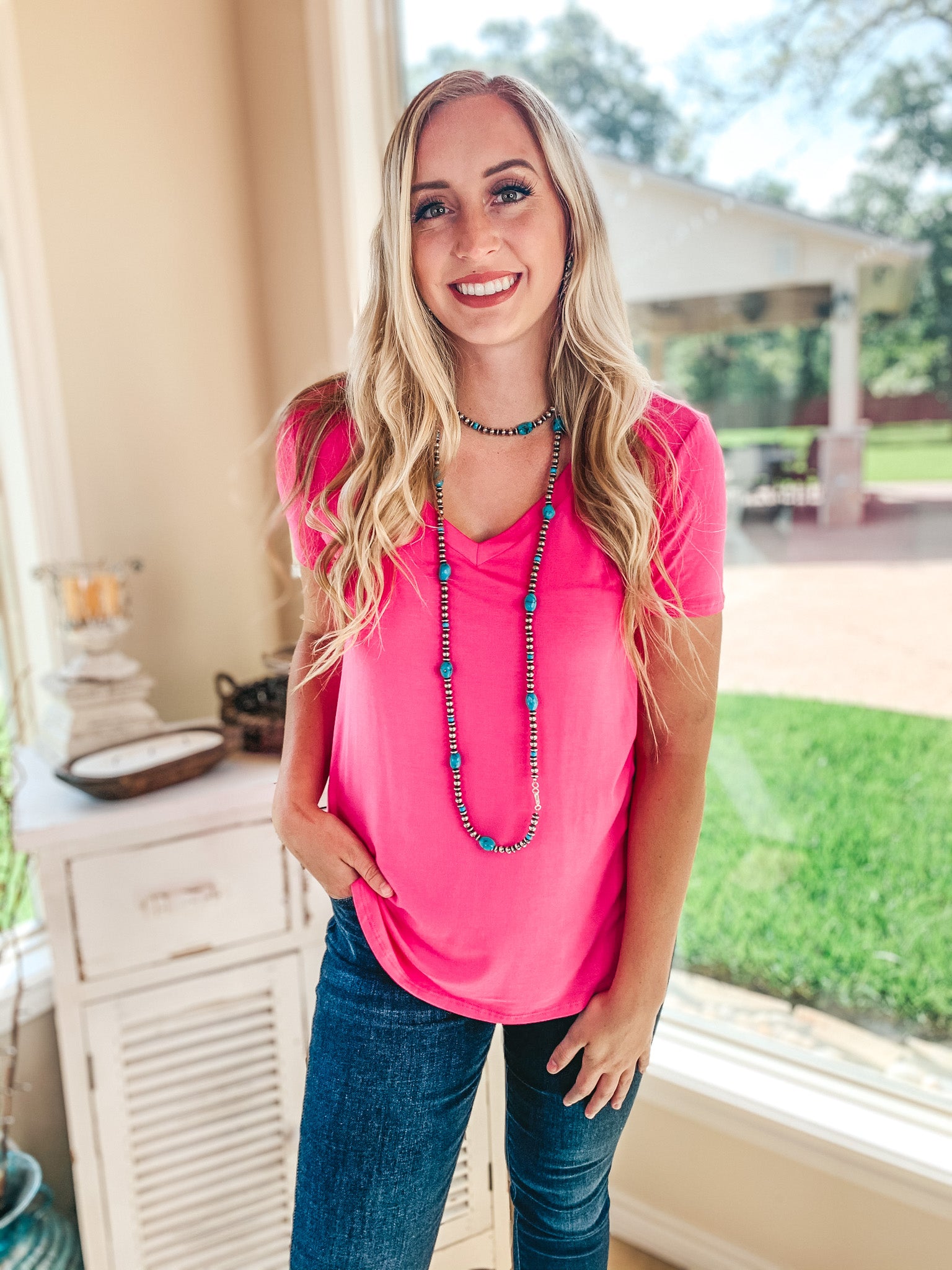 Simply The Best V Neck Short Sleeve Tee Shirt in Hot Pink - Giddy Up Glamour Boutique