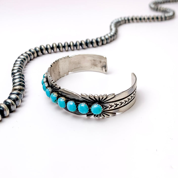 P Yazzie | Navajo Handmade Sterling Silver Cuff With Eleven Small Turquoise Stones - Giddy Up Glamour Boutique