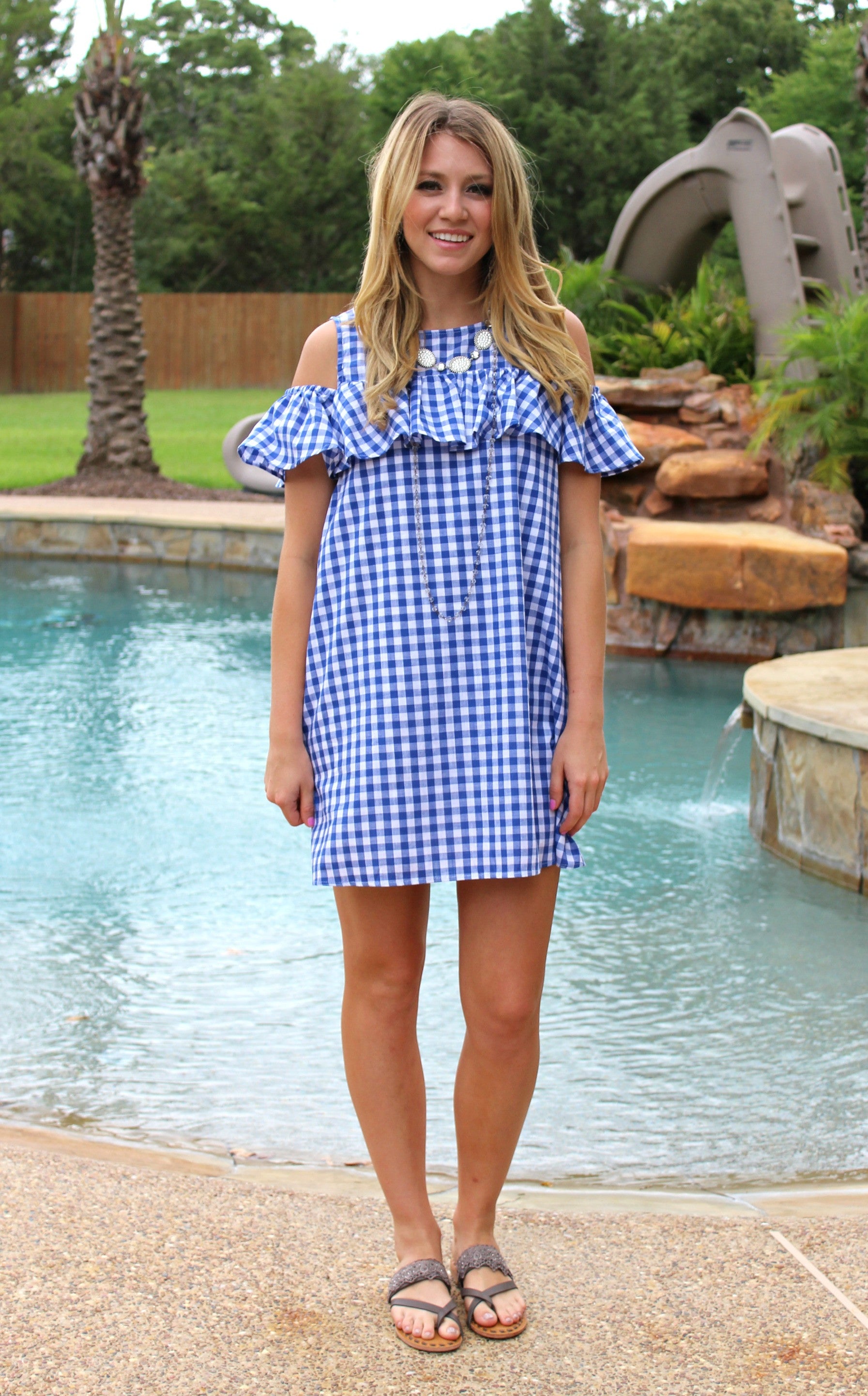 Last Chance Size Small | Gingham Girl Open Shoulder Ruffle Dress in Blue - Giddy Up Glamour Boutique