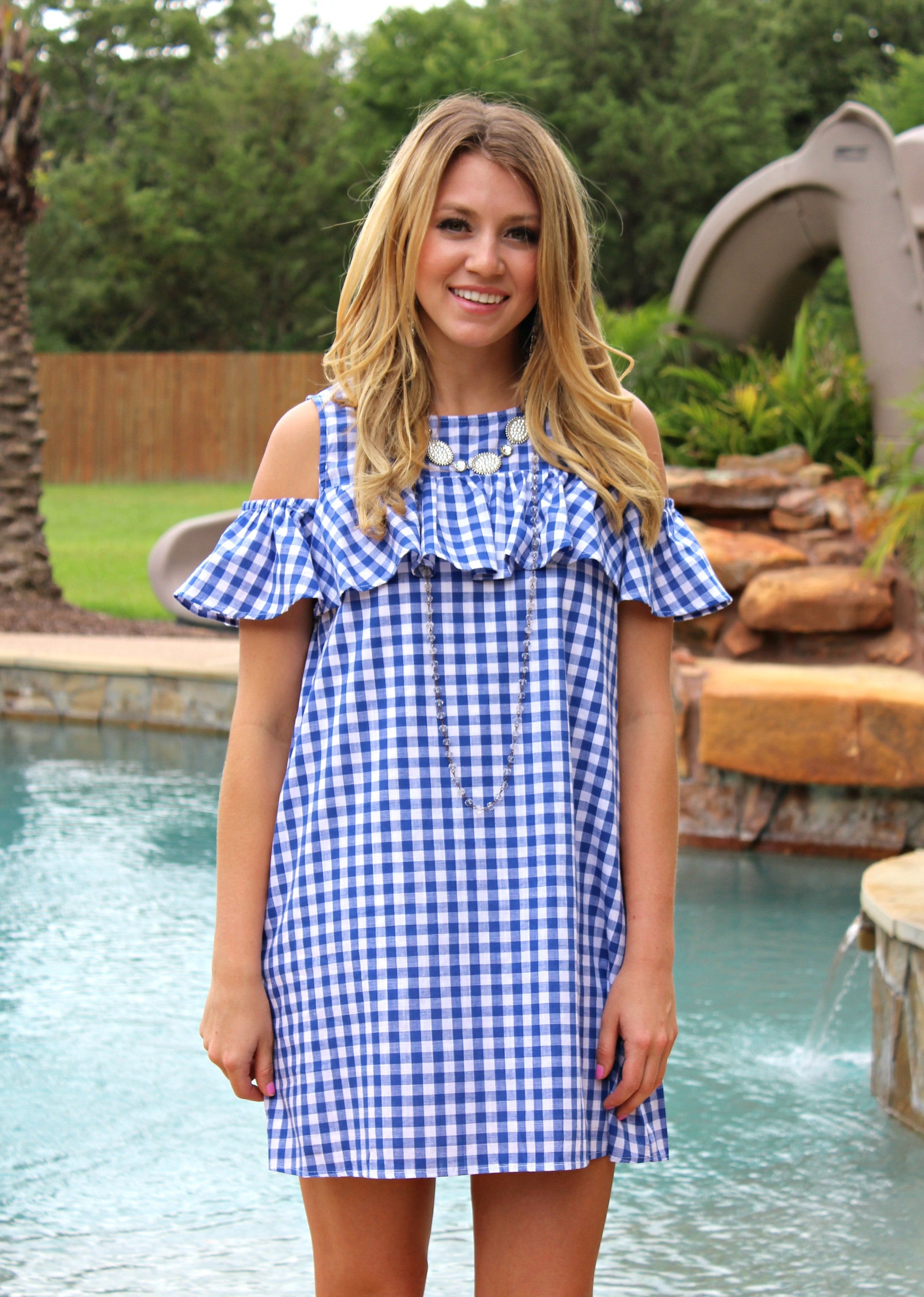 Last Chance Size Small | Gingham Girl Open Shoulder Ruffle Dress in Blue - Giddy Up Glamour Boutique
