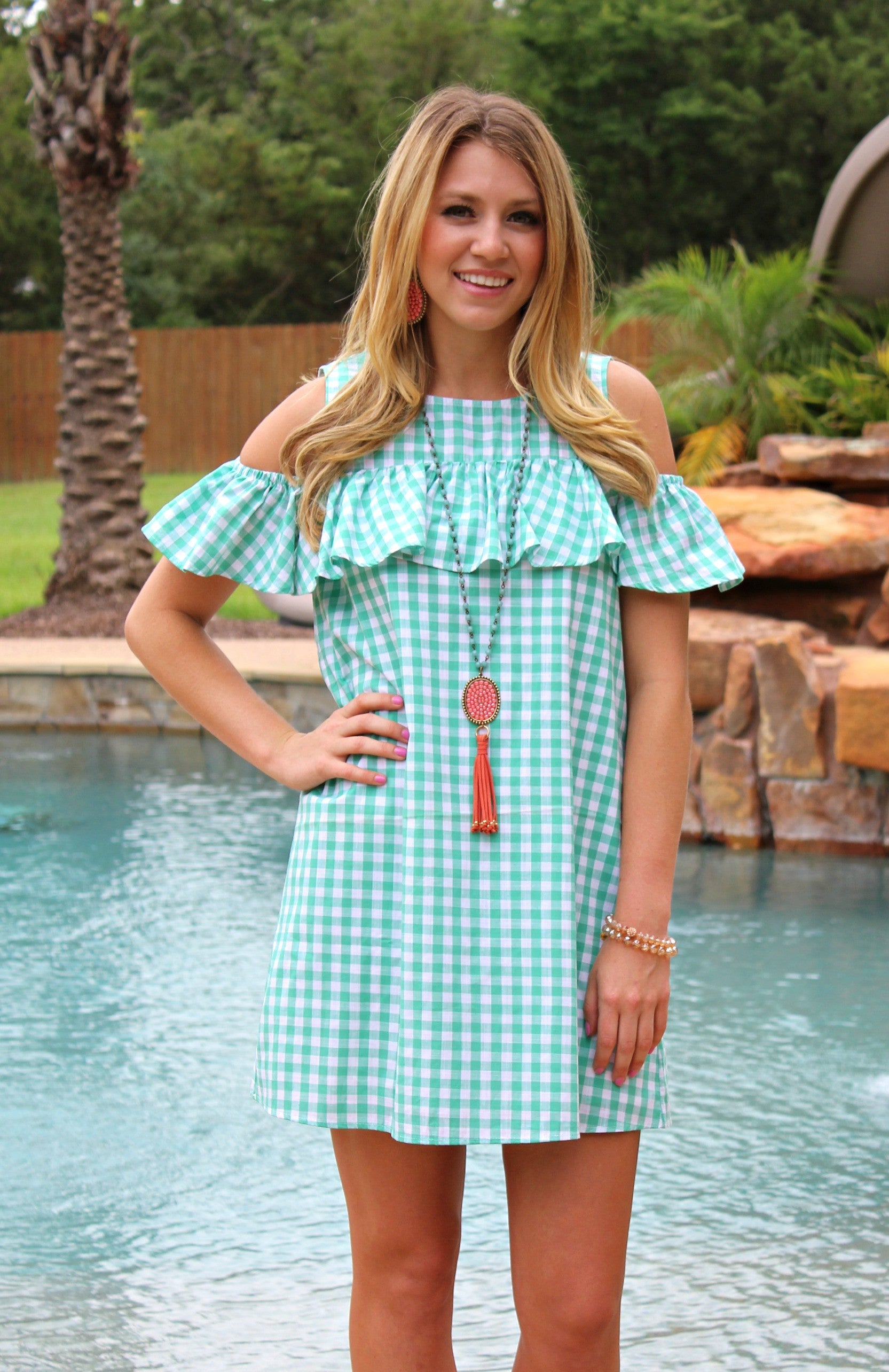 Last Chance Size Small | Gingham Girl Open Shoulder Ruffle Dress in Mint Green - Giddy Up Glamour Boutique