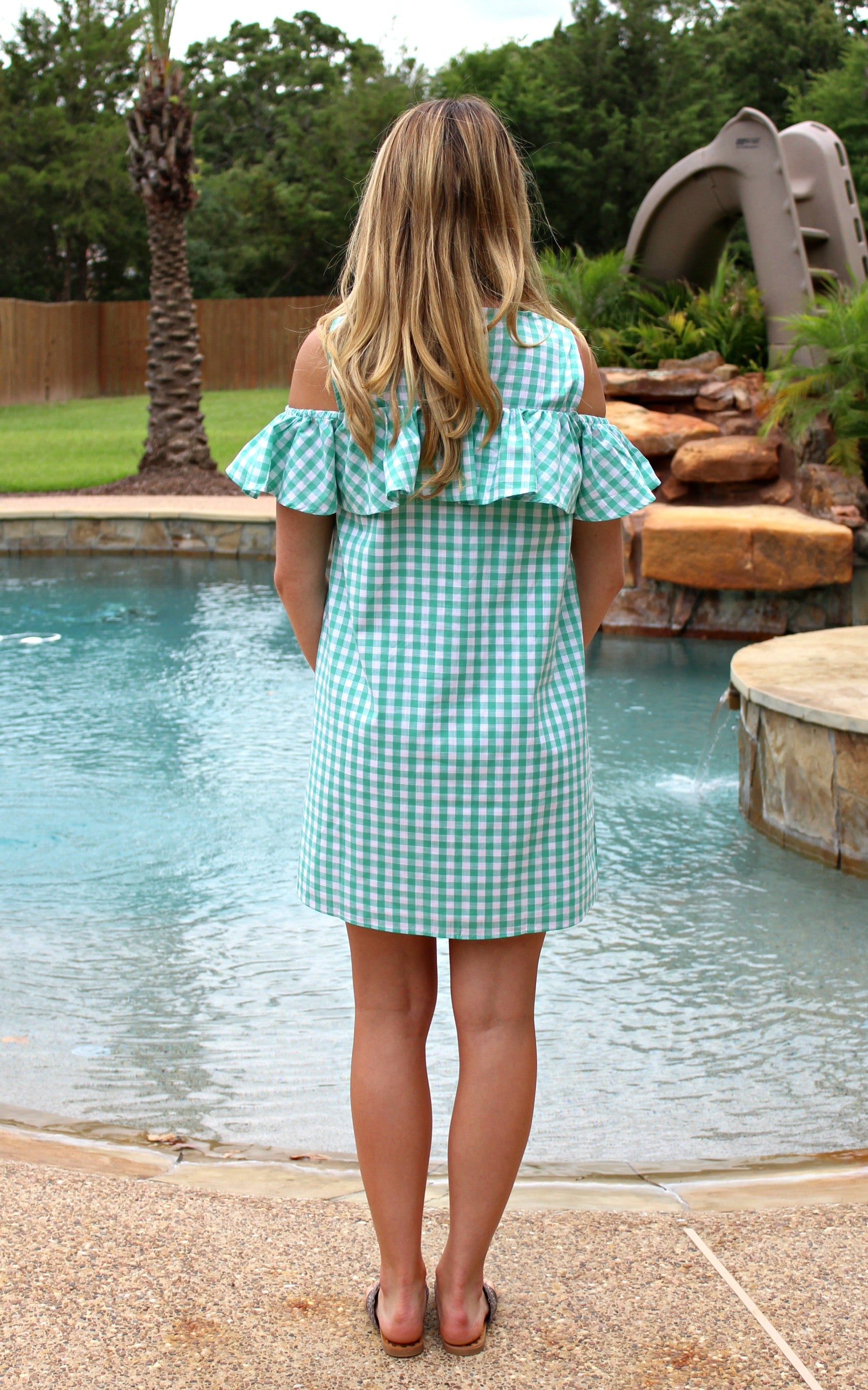 Last Chance Size Small | Gingham Girl Open Shoulder Ruffle Dress in Mint Green - Giddy Up Glamour Boutique