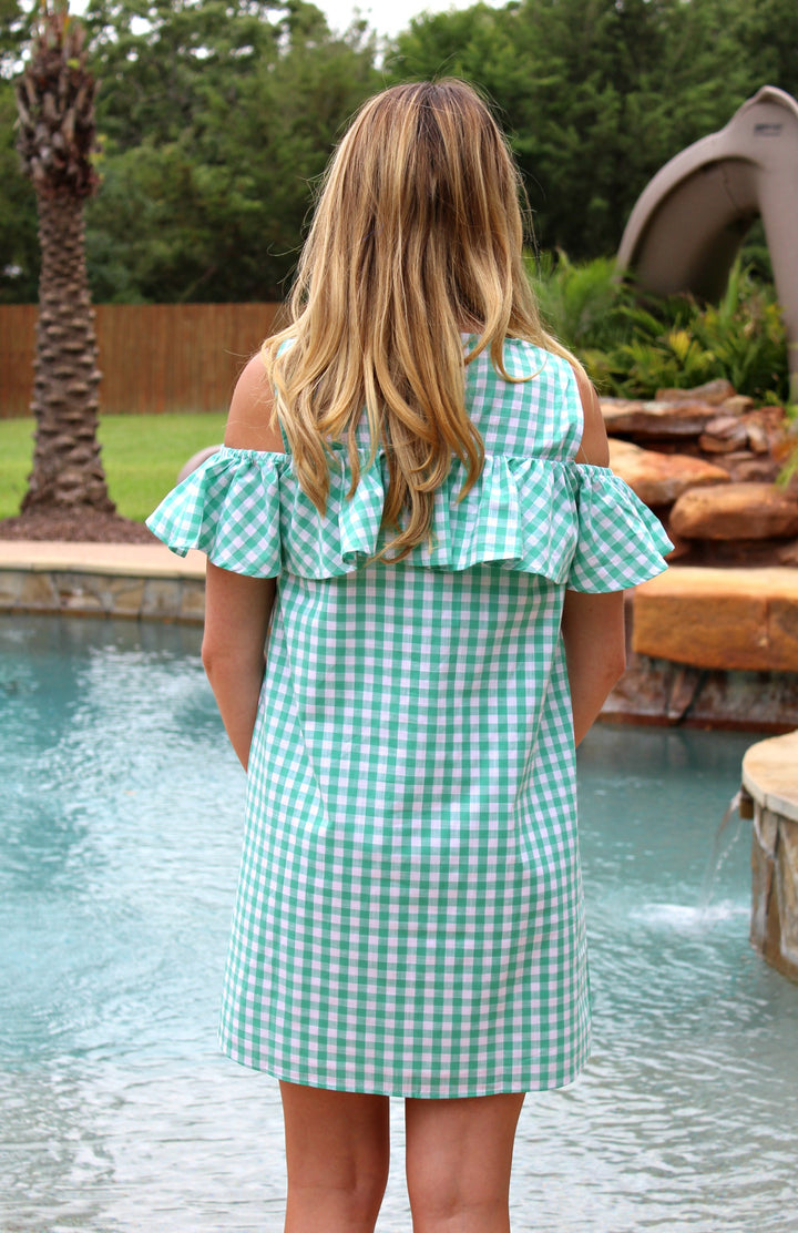 Last Chance Size Small | Gingham Girl Open Shoulder Ruffle Dress in Mint Green - Giddy Up Glamour Boutique