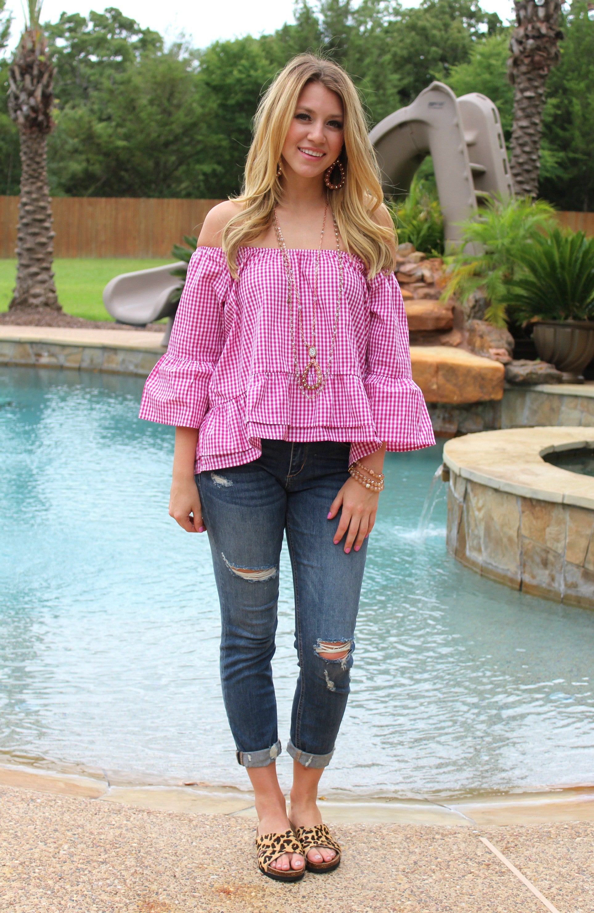 Last Chance Size Small | Perfect For Each Other Gingham Off Shoulder Top in Pink - Giddy Up Glamour Boutique