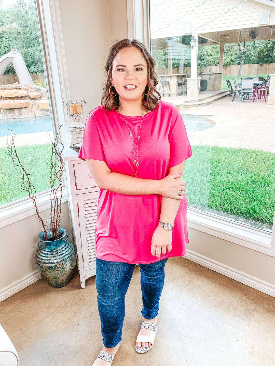 Last Chance Size Small | Everyday Basics Drop Sleeve Solid Piko Top in Fuchsia Pink - Giddy Up Glamour Boutique