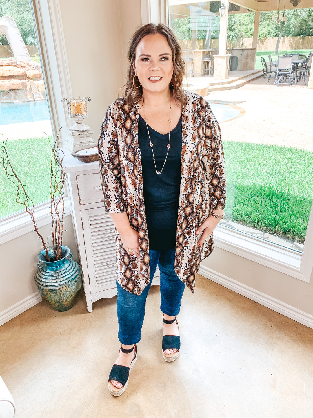 All Eyes On You Snakeskin Cardigan in Brown - Giddy Up Glamour Boutique
