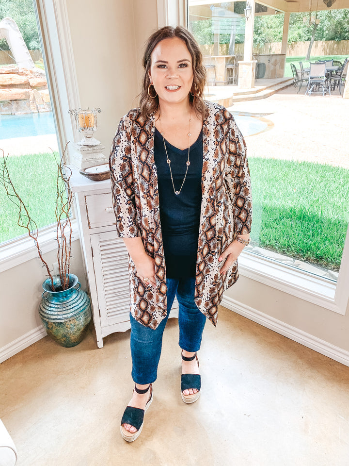 All Eyes On You Snakeskin Cardigan in Brown - Giddy Up Glamour Boutique