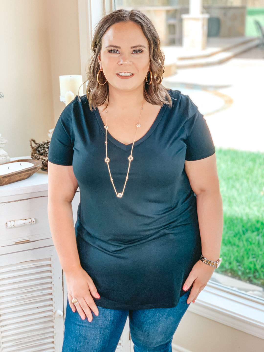 Simply The Best V Neck Short Sleeve Tee Shirt in Black - Giddy Up Glamour Boutique