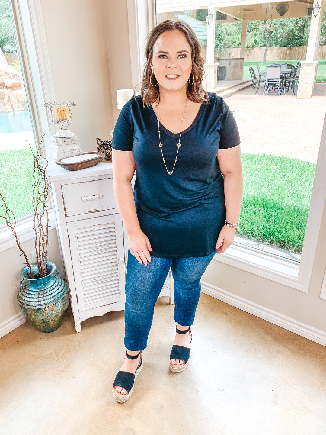 Simply The Best V Neck Short Sleeve Tee Shirt in Black - Giddy Up Glamour Boutique