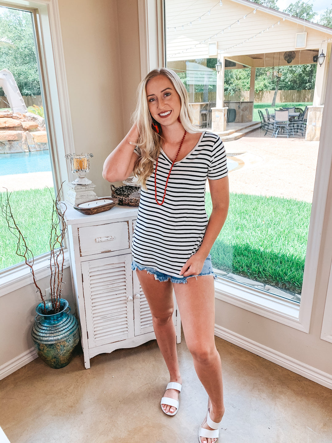 Simply The Best Striped V Neck Short Sleeve Tee Shirt in Ivory - Giddy Up Glamour Boutique