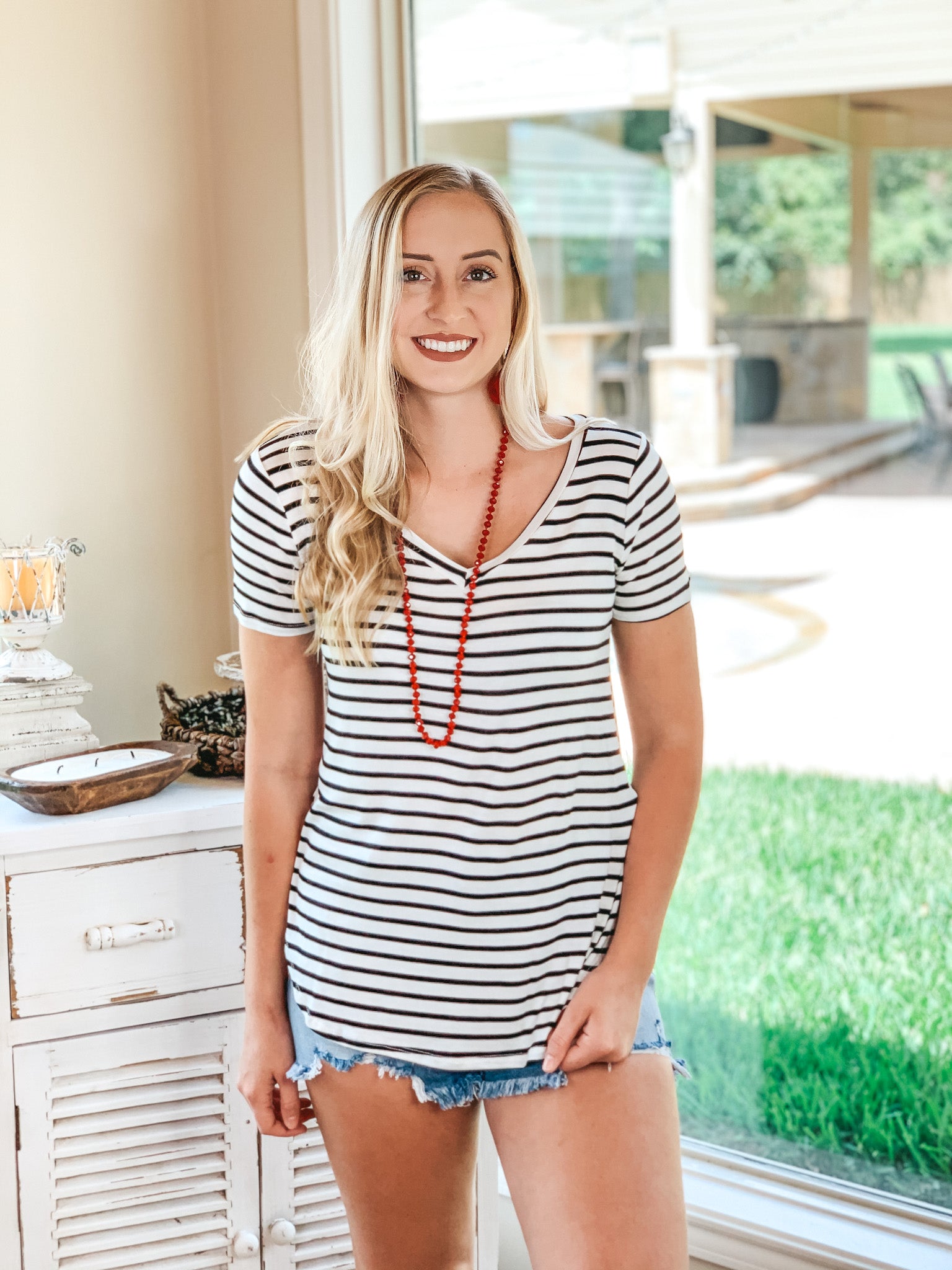 Simply The Best Striped V Neck Short Sleeve Tee Shirt in Ivory - Giddy Up Glamour Boutique