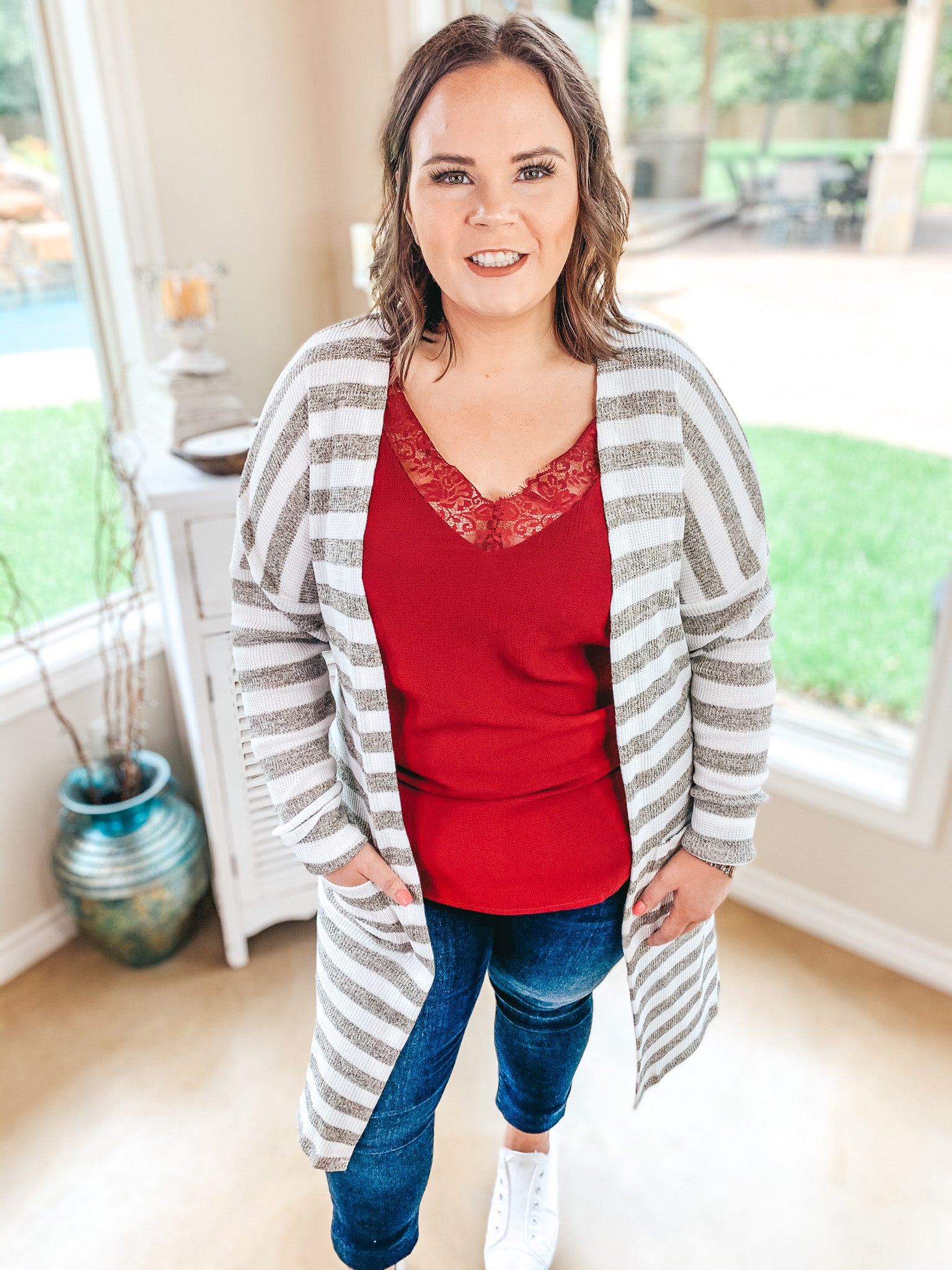 Trusting This Striped Cardigan with Pockets in Beige and Ivory - Giddy Up Glamour Boutique