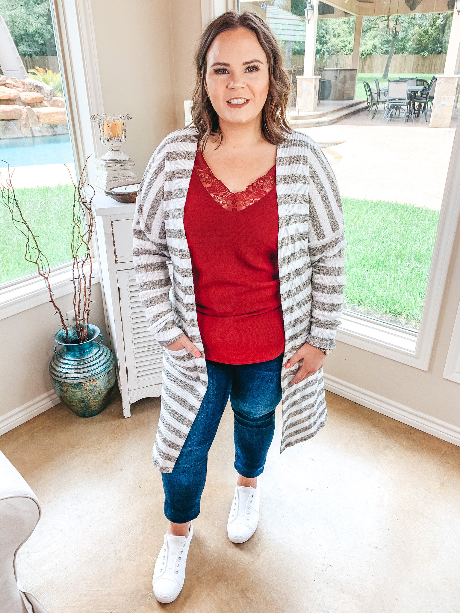 Trusting This Striped Cardigan with Pockets in Beige and Ivory - Giddy Up Glamour Boutique