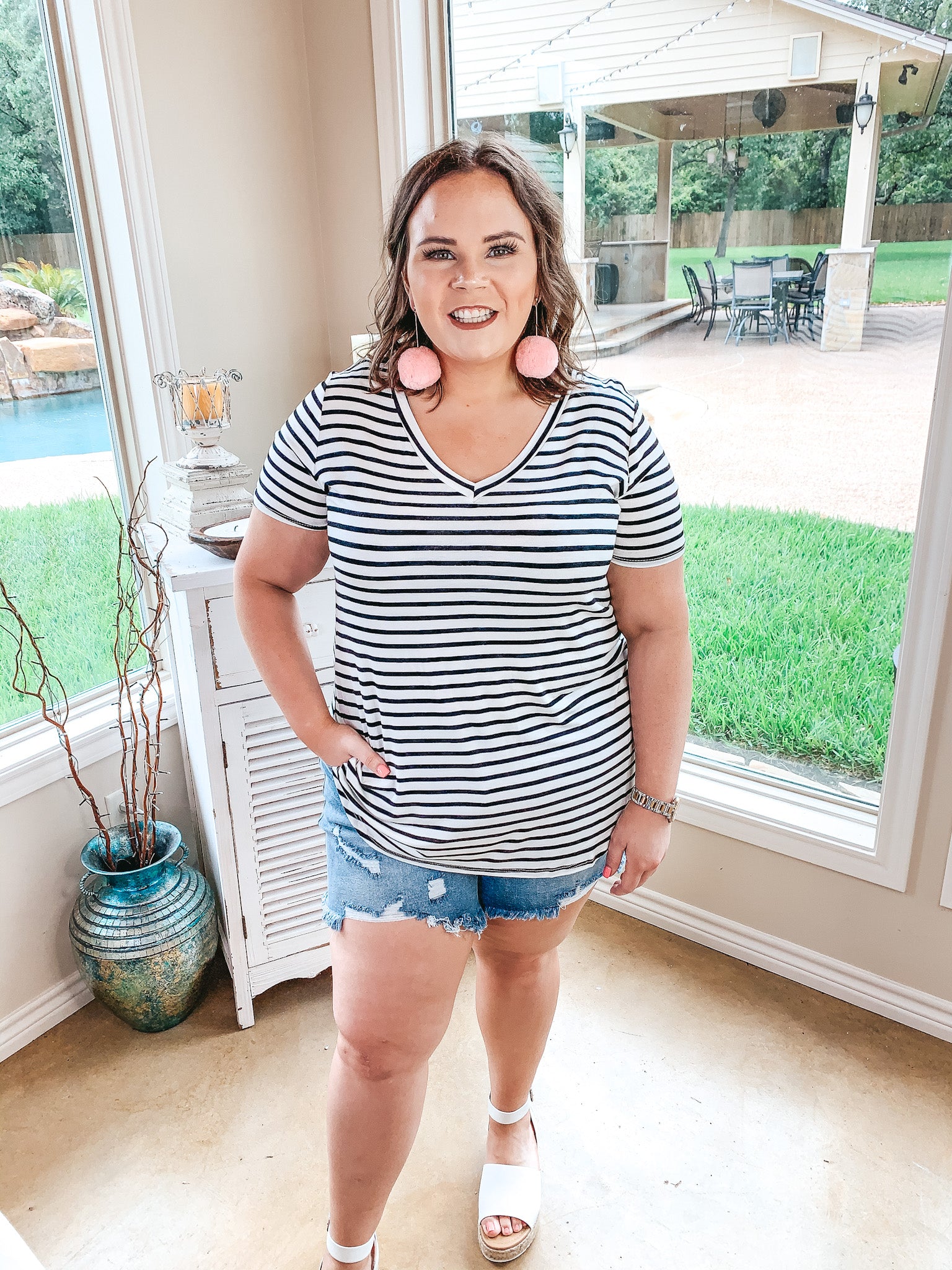 Simply The Best Striped V Neck Short Sleeve Tee Shirt in Ivory - Giddy Up Glamour Boutique