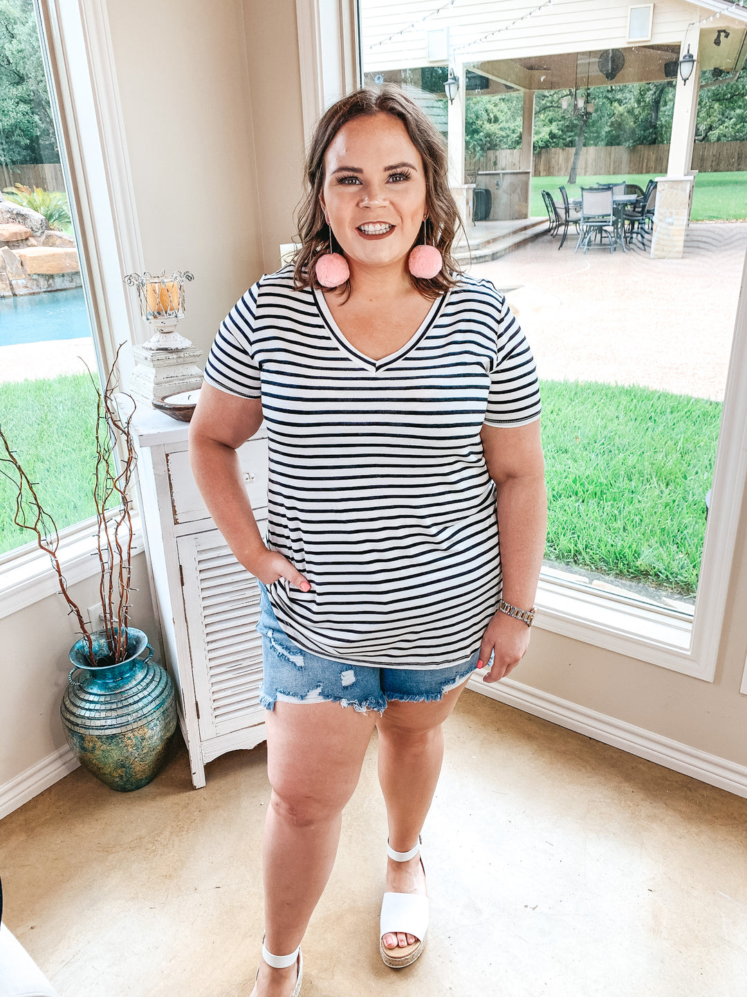 Simply The Best Striped V Neck Short Sleeve Tee Shirt in Ivory - Giddy Up Glamour Boutique
