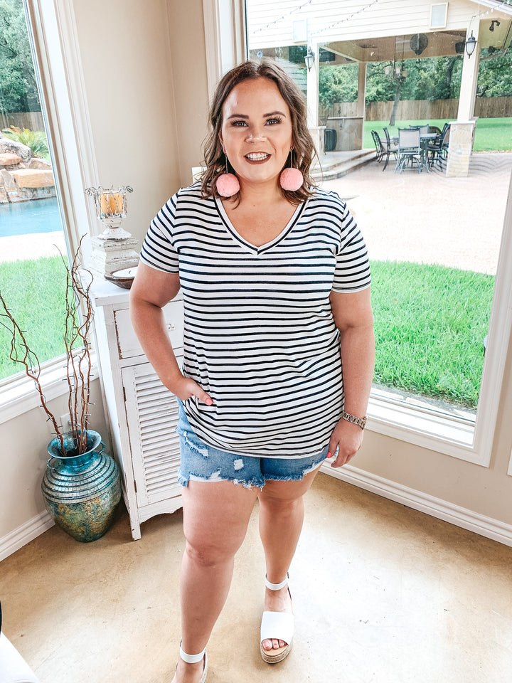 Simply The Best Striped V Neck Short Sleeve Tee Shirt in Ivory - Giddy Up Glamour Boutique