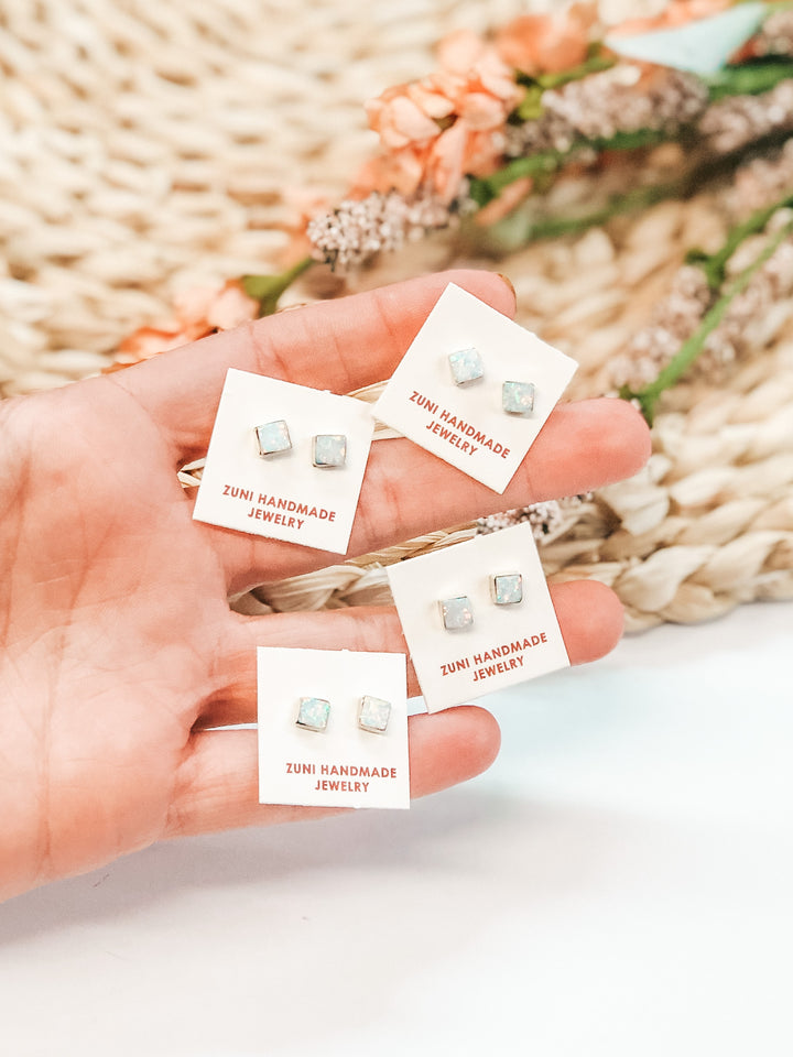 Sarah Bowannie | Zuni Handmade Sterling Silver and Opal Square Stud Earrings - Giddy Up Glamour Boutique